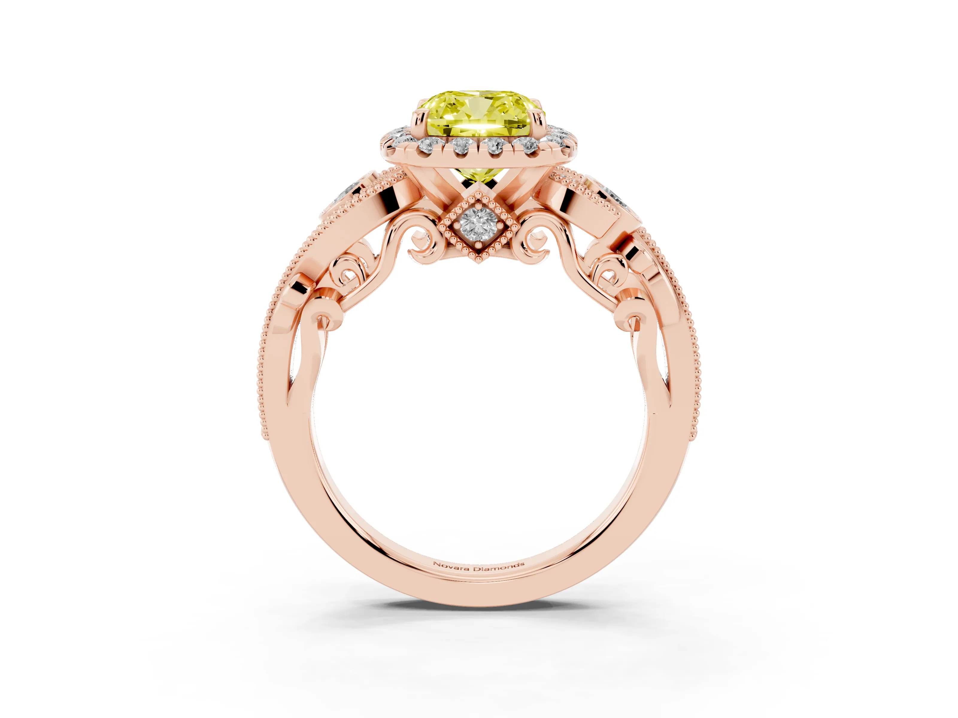 Fancy Yellow Cushion Cut Diamond Halo Ring Set in Rose gold with Milgrain Pavé Band and Prong Setting