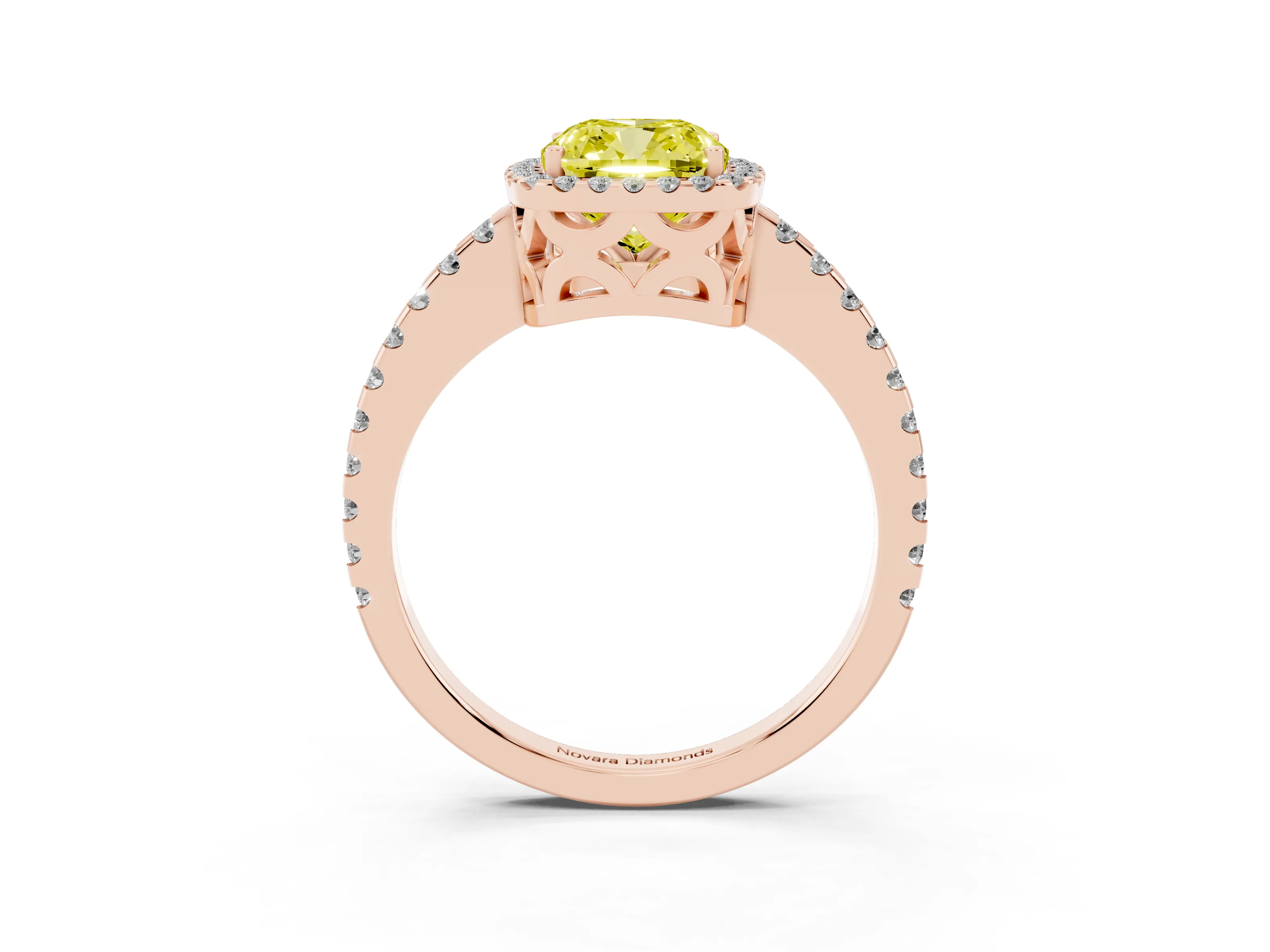 Fancy Yellow Cushion Cut Diamond Halo Ring Set in Rose gold with Pavé Shoulders and Halo-Framed Center