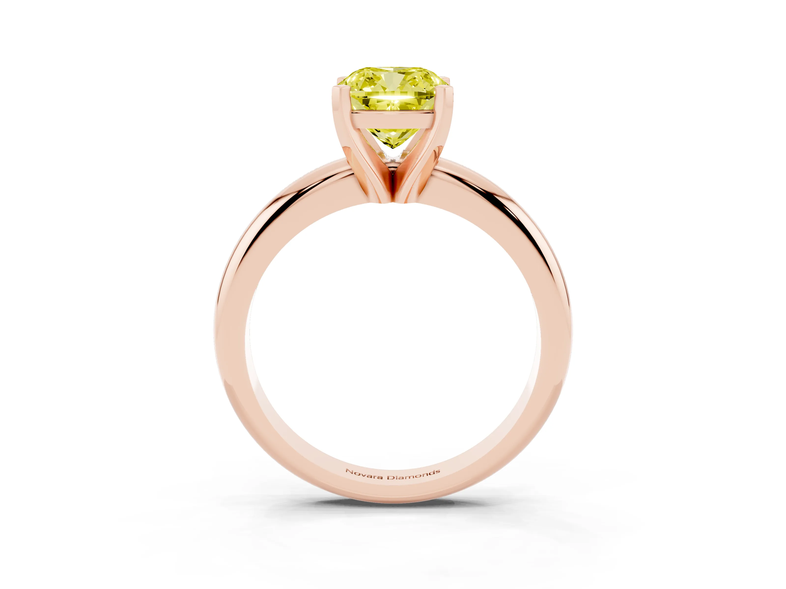 Fancy Yellow Cushion Cut Diamond Solitaire Engagement Ring Set in Rose gold with Round Band and Prong Setting