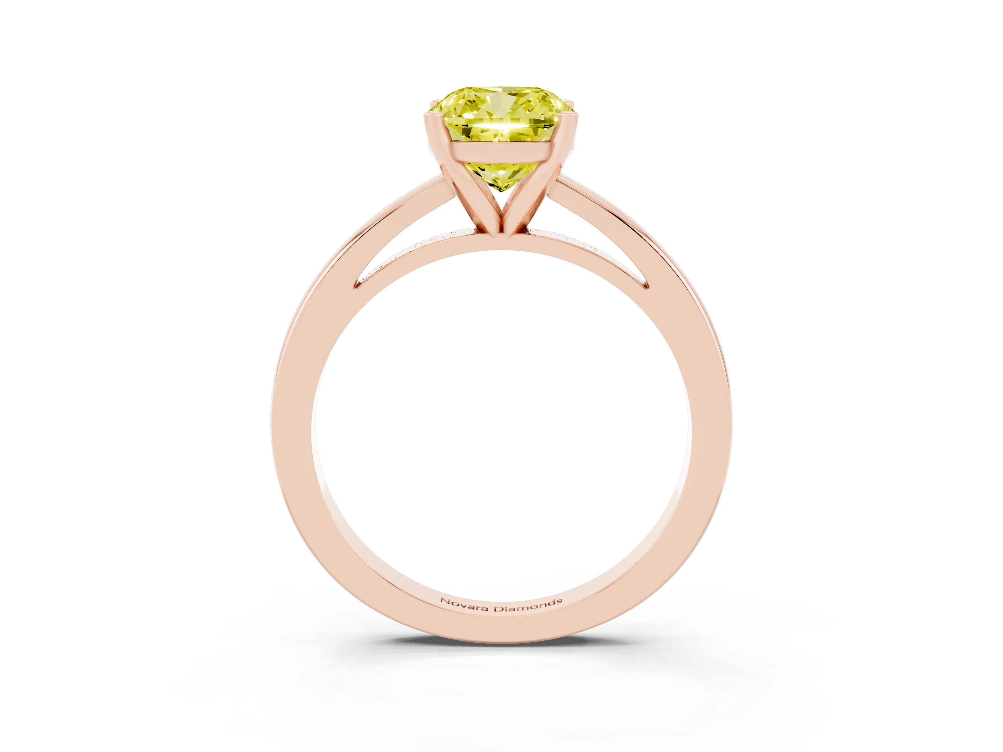 Fancy Yellow Cushion Cut Diamond Solitaire Engagement Ring Set in Rose gold with Prong Setting on a Classic Band