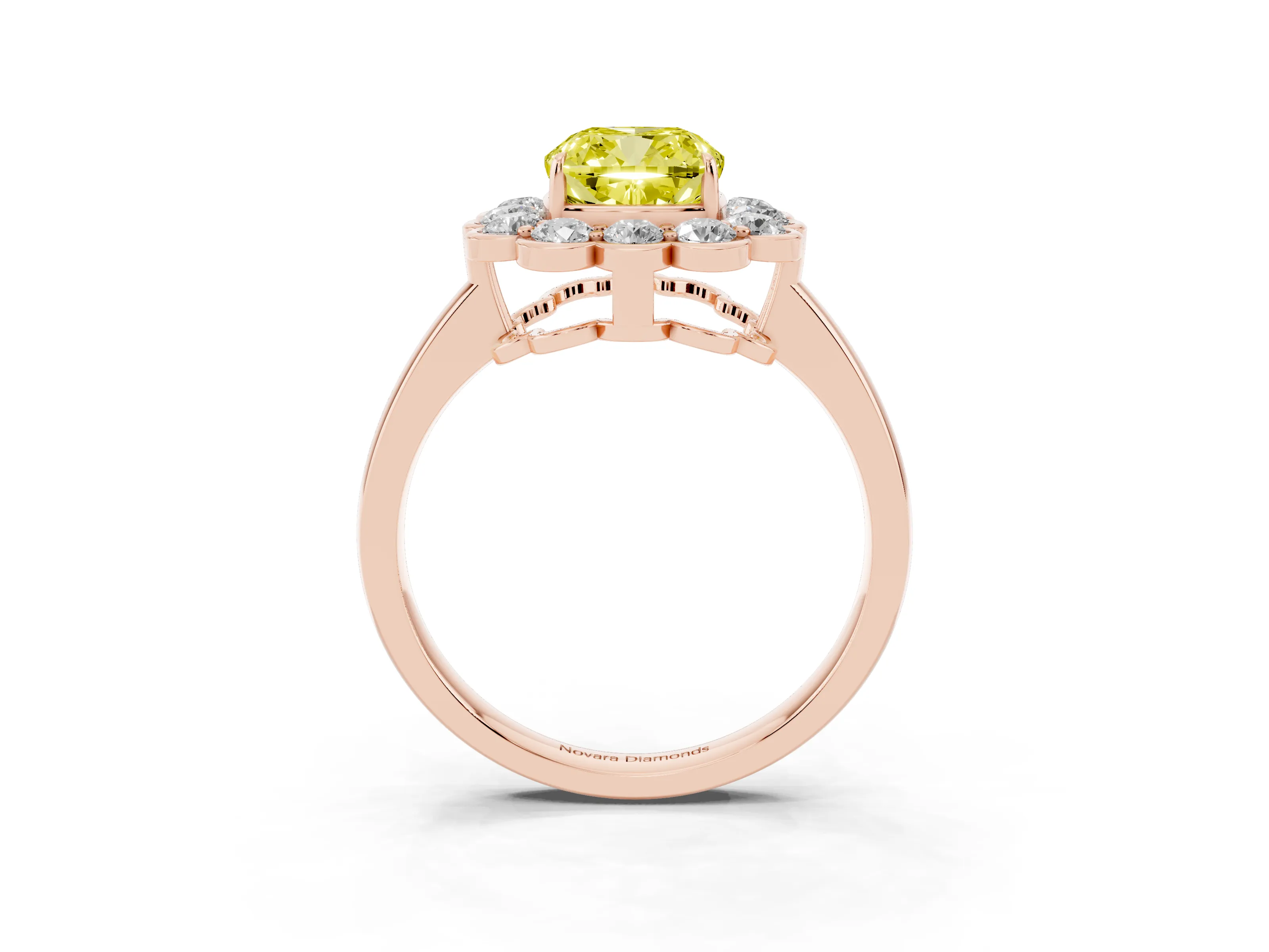 Fancy Yellow Cushion Cut Diamond Halo Cluster Engagement Ring Set in Rose gold with Solitaire Band and Prong Setting