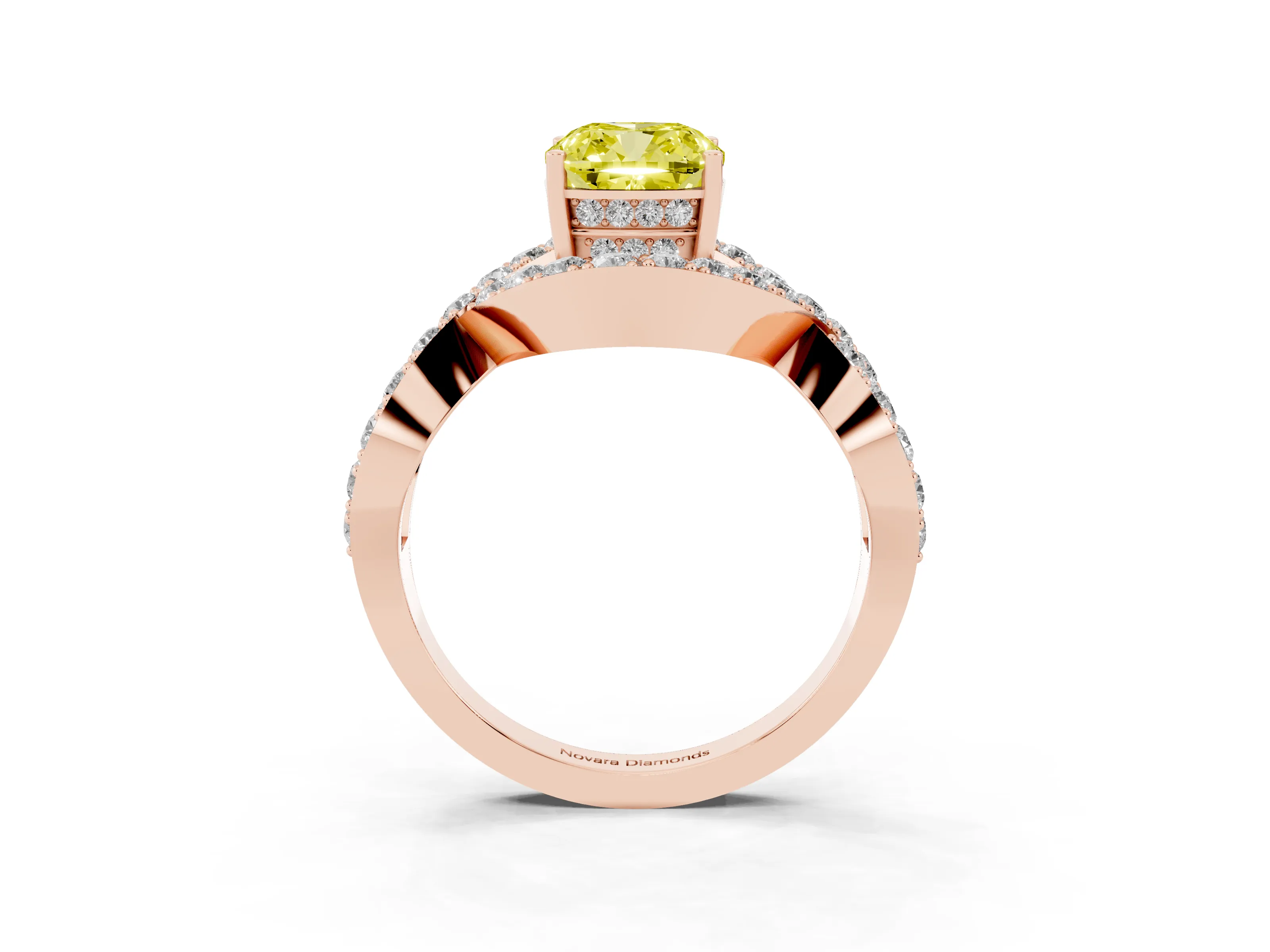 Fancy Yellow Cushion Cut Diamond Solitaire Twist Band Pavé Engagement Ring Set in Rose gold