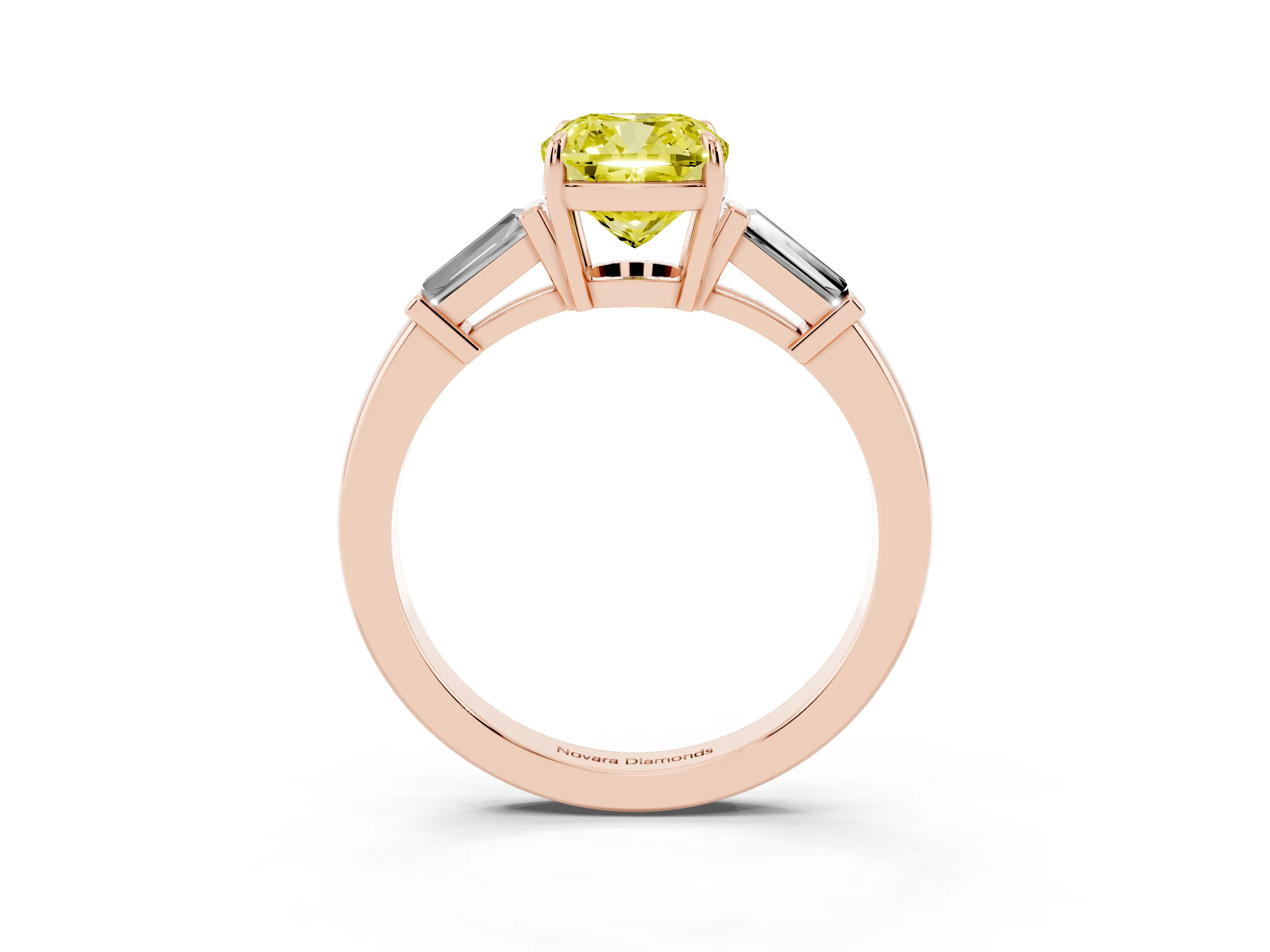 Fancy Yellow Cushion Cut Diamond Three-Stone Ring Set in Rose gold with Tapered Baguette Side Stones and Prong Setting