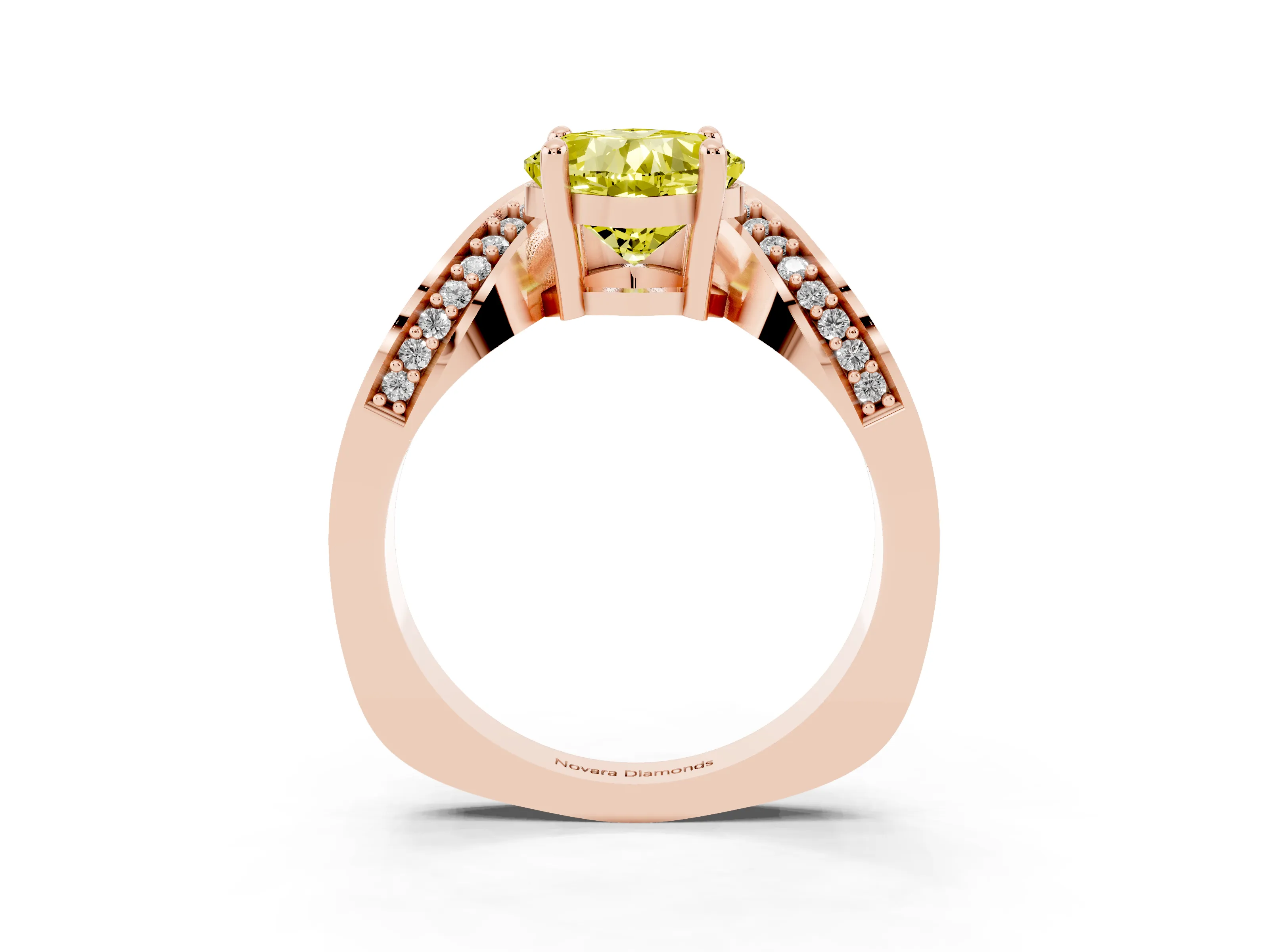 Fancy Yellow Cushion Cut Diamond Solitaire Engagement Ring Set in Rose gold with Pavé Shoulders