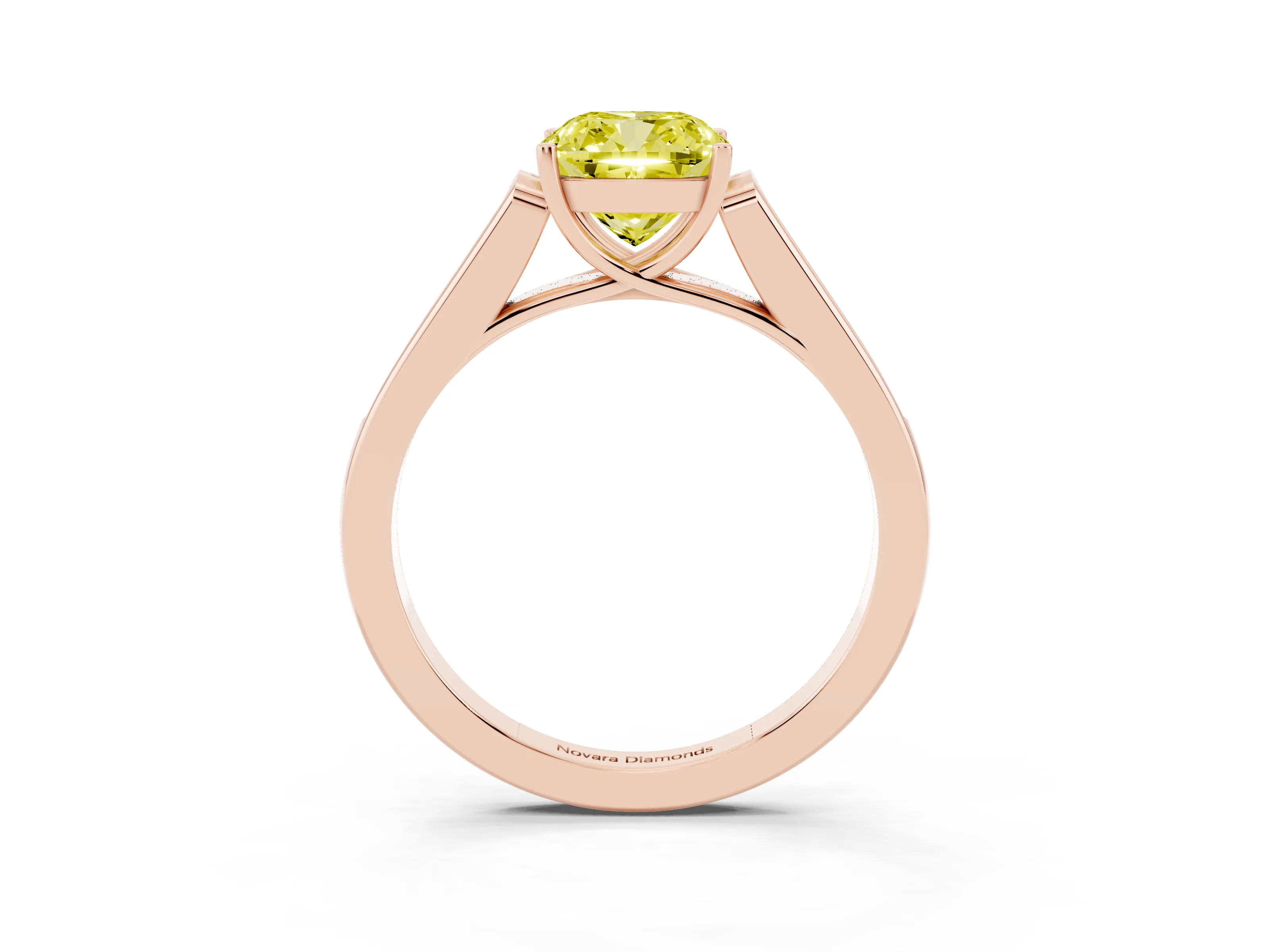 Fancy Yellow Cushion Cut Diamond Solitaire Cathedral Engagement Ring Set in Rose gold with Channel-Set Band and Prong Setting