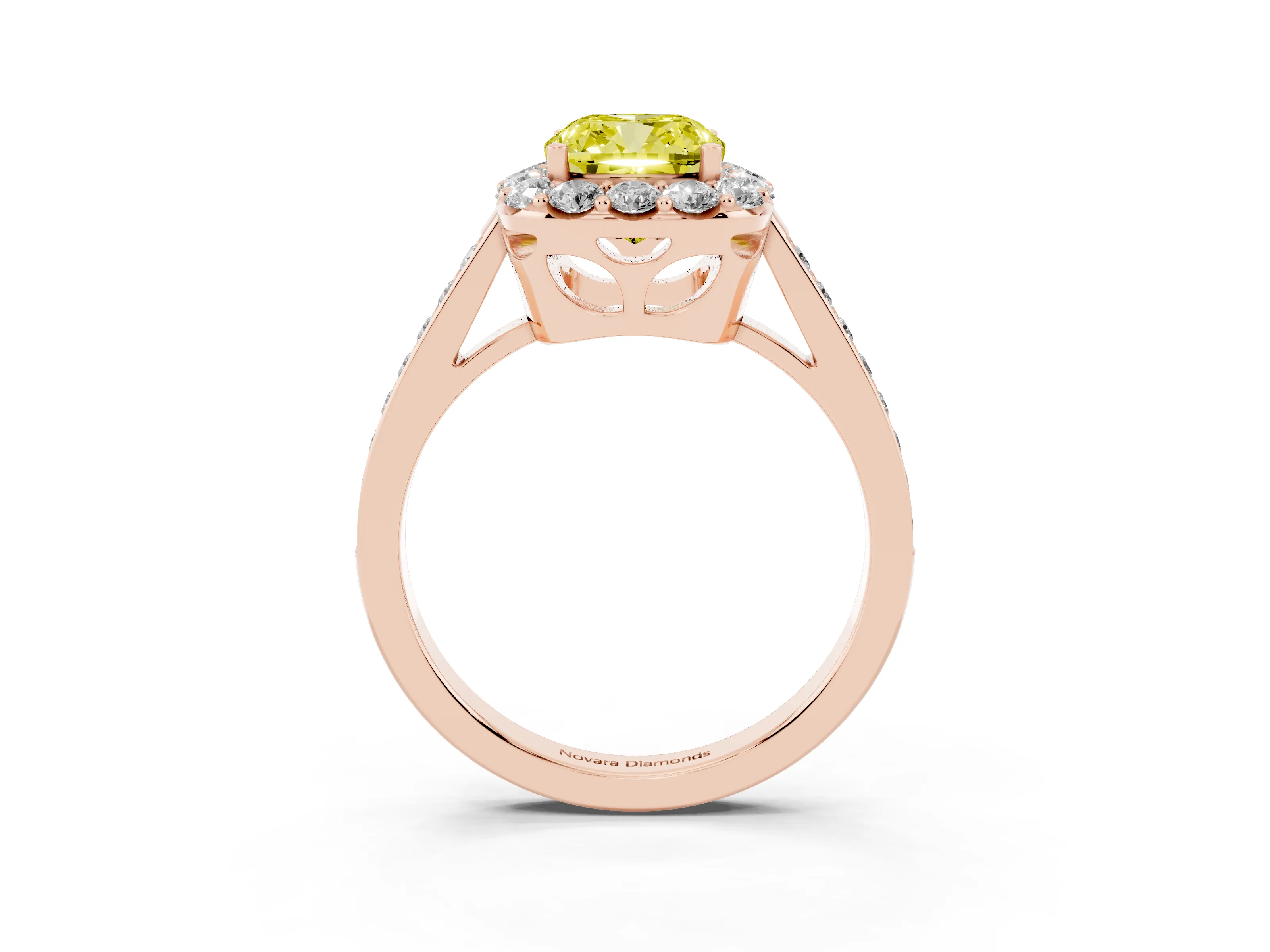 Fancy Yellow Cushion Cut Diamond Floral Halo Ring Set in Rose gold with Pavé Band and Prong Setting