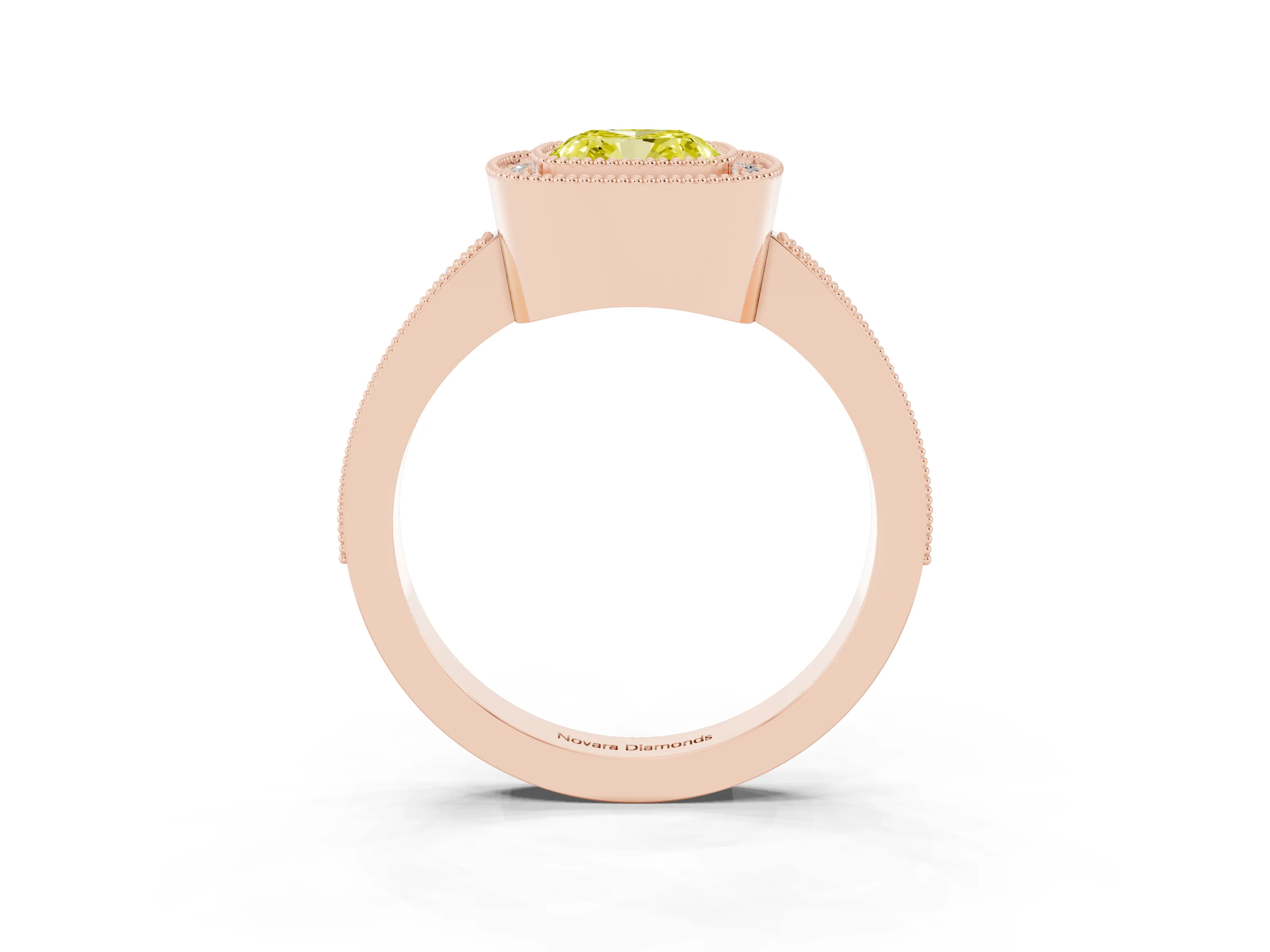 Fancy Yellow Cushion Cut Diamond Halo Engagement Ring Set in Rose gold with Pavé Band and Round Halo Stones