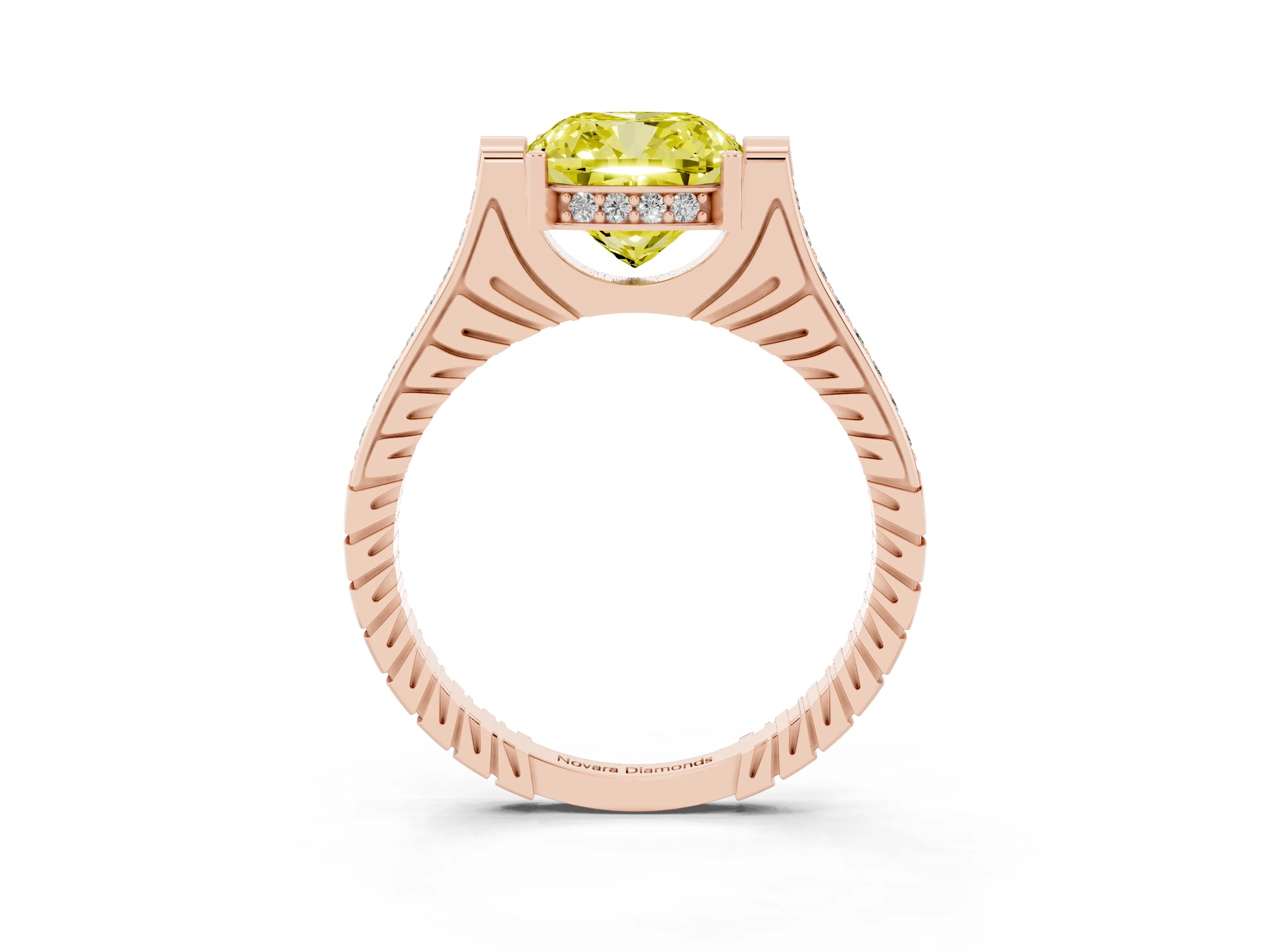 Fancy Yellow Cushion Cut Diamond Solitaire Ring Set in Rose gold with Channel Set Band and Bezel Prong Setting