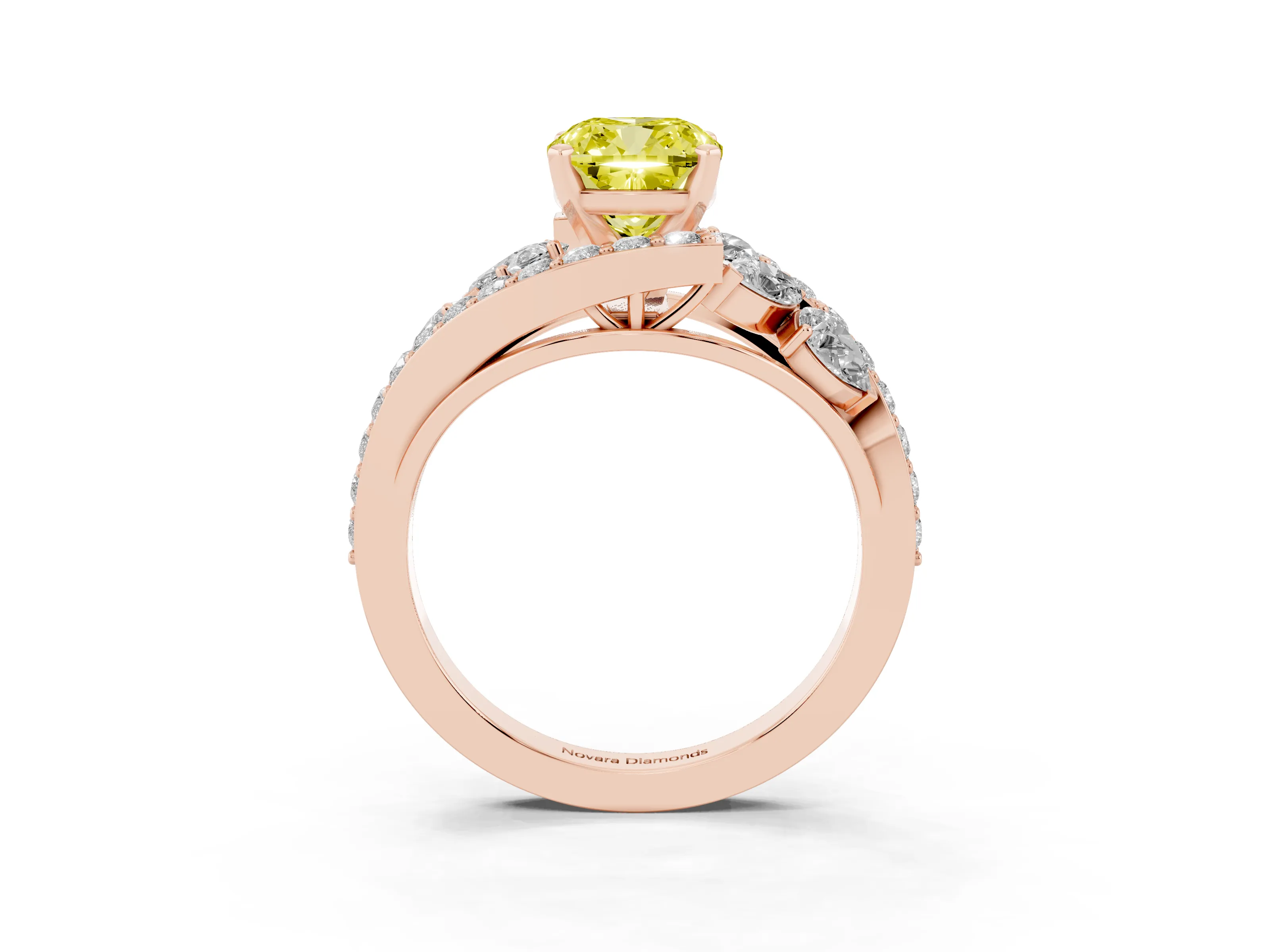 Fancy Yellow Cushion Cut Diamond Halo Ring Set in Rose gold with Marquise and Pavé Band in Prong Setting