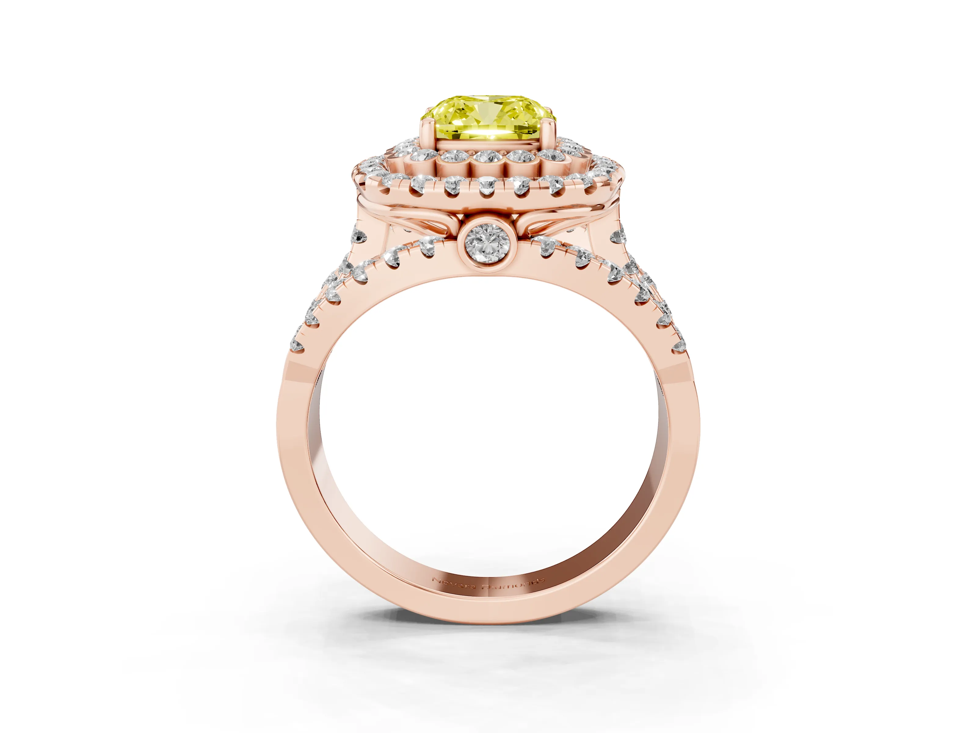 Fancy Yellow Cushion Cut Diamond Double Halo Ring Set in Rose gold with Round Pavé Split Shank