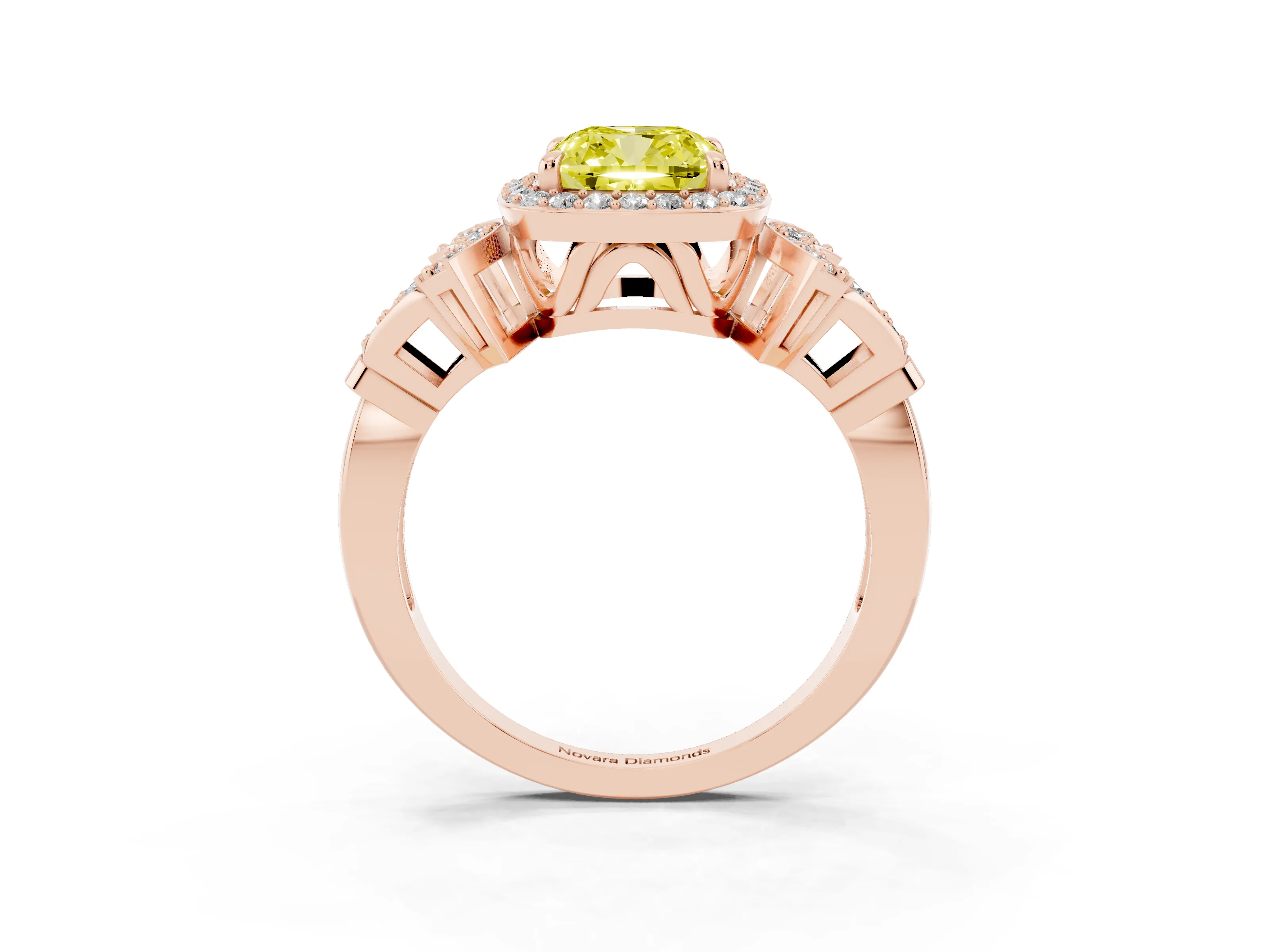 Fancy Yellow Cushion Cut Diamond Halo Engagement Ring Set in Rose gold with Accent Stone Split Shank