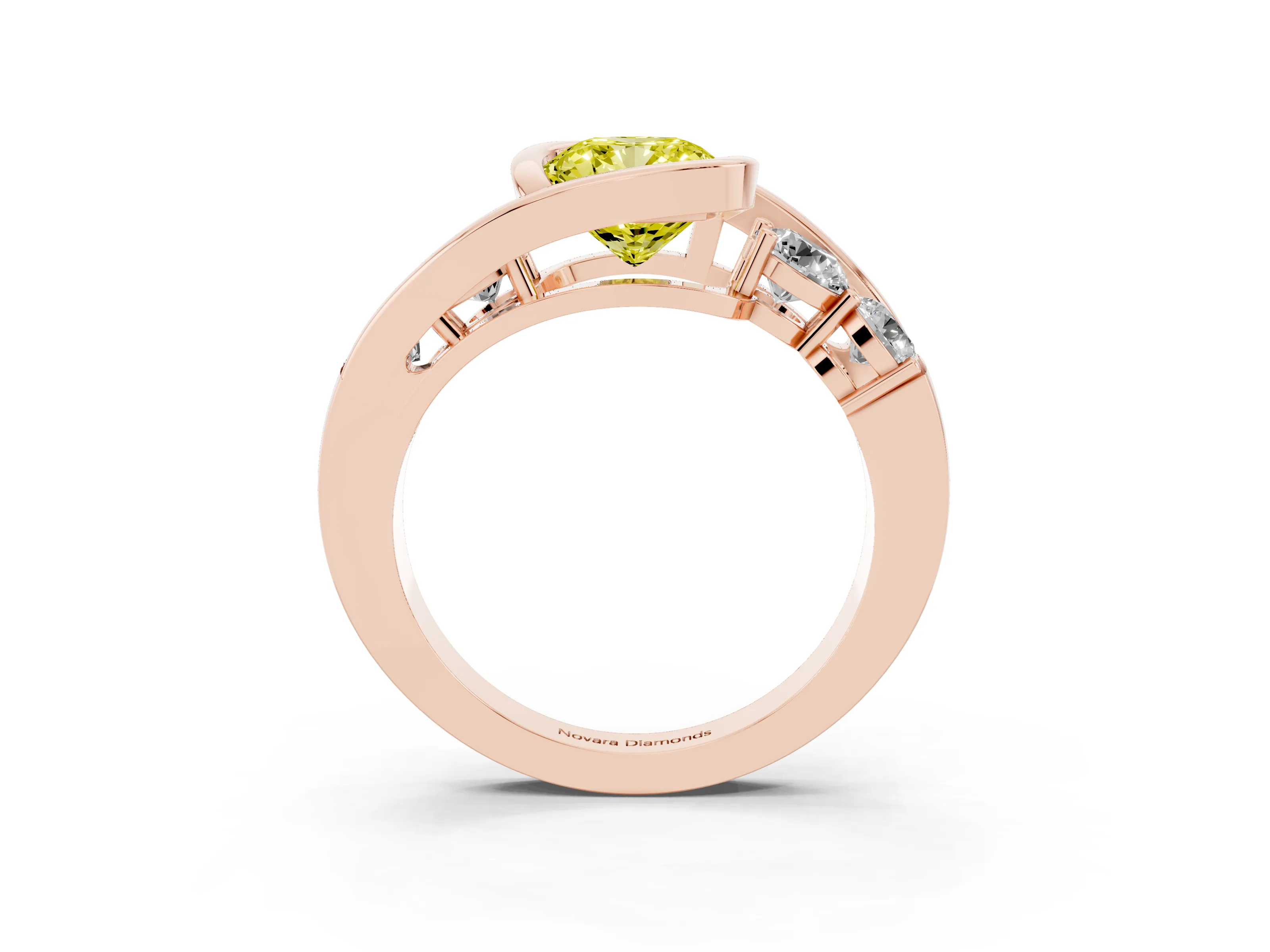 Fancy Yellow Cushion Cut Diamond Bezel Bypass Ring Set in Rose gold with Round Accents