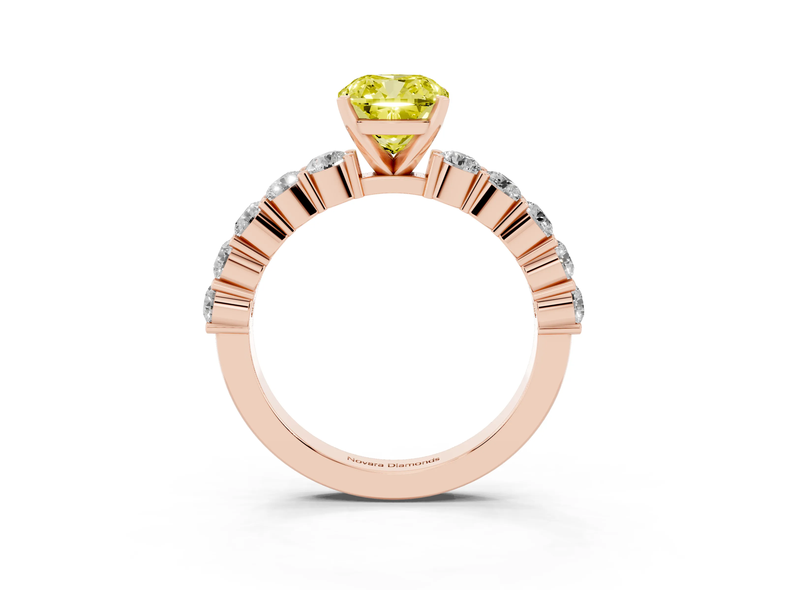 Fancy Yellow Cushion Cut Diamond Solitaire Ring Set in Rose gold with Shared Prong Round Side Stones