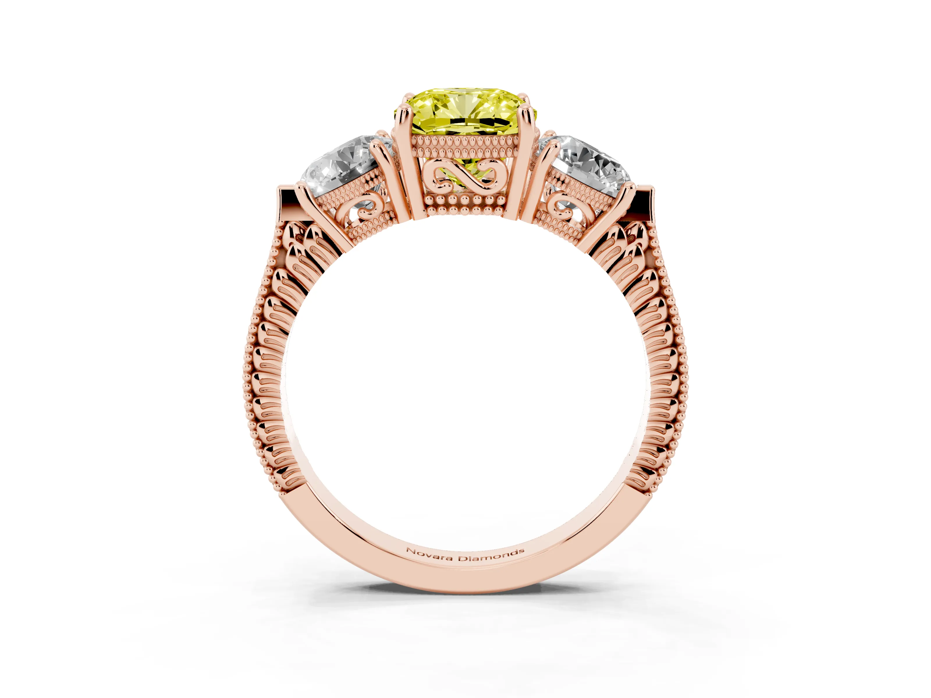 Fancy Yellow Cushion Cut Diamond Three-Stone Ring Set in Rose gold with Milgrain Band