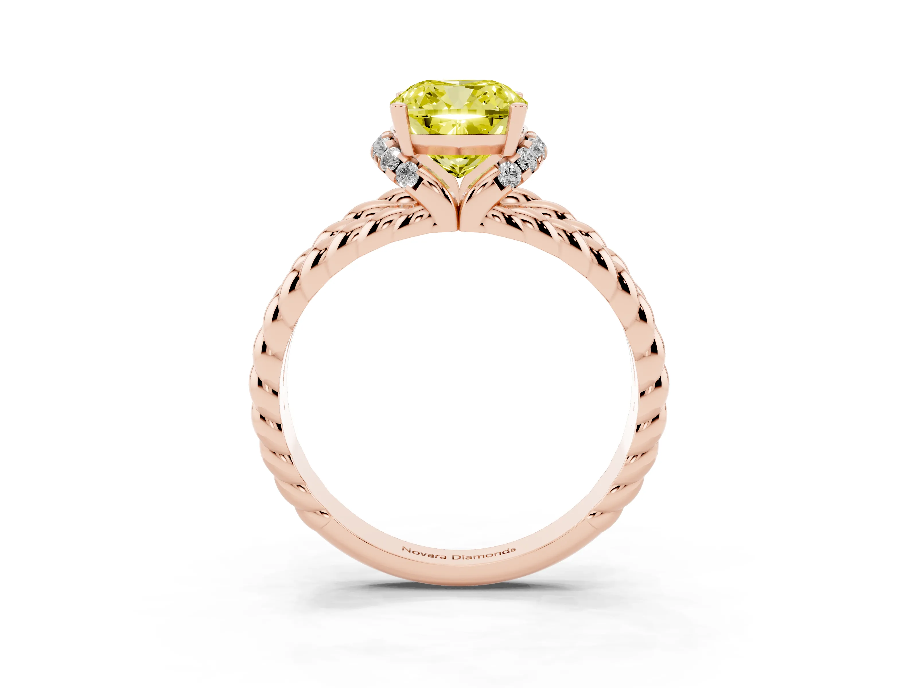 Fancy Yellow Cushion Cut Diamond Halo Ring Set in Rose gold with Twisted Band and Prong Setting