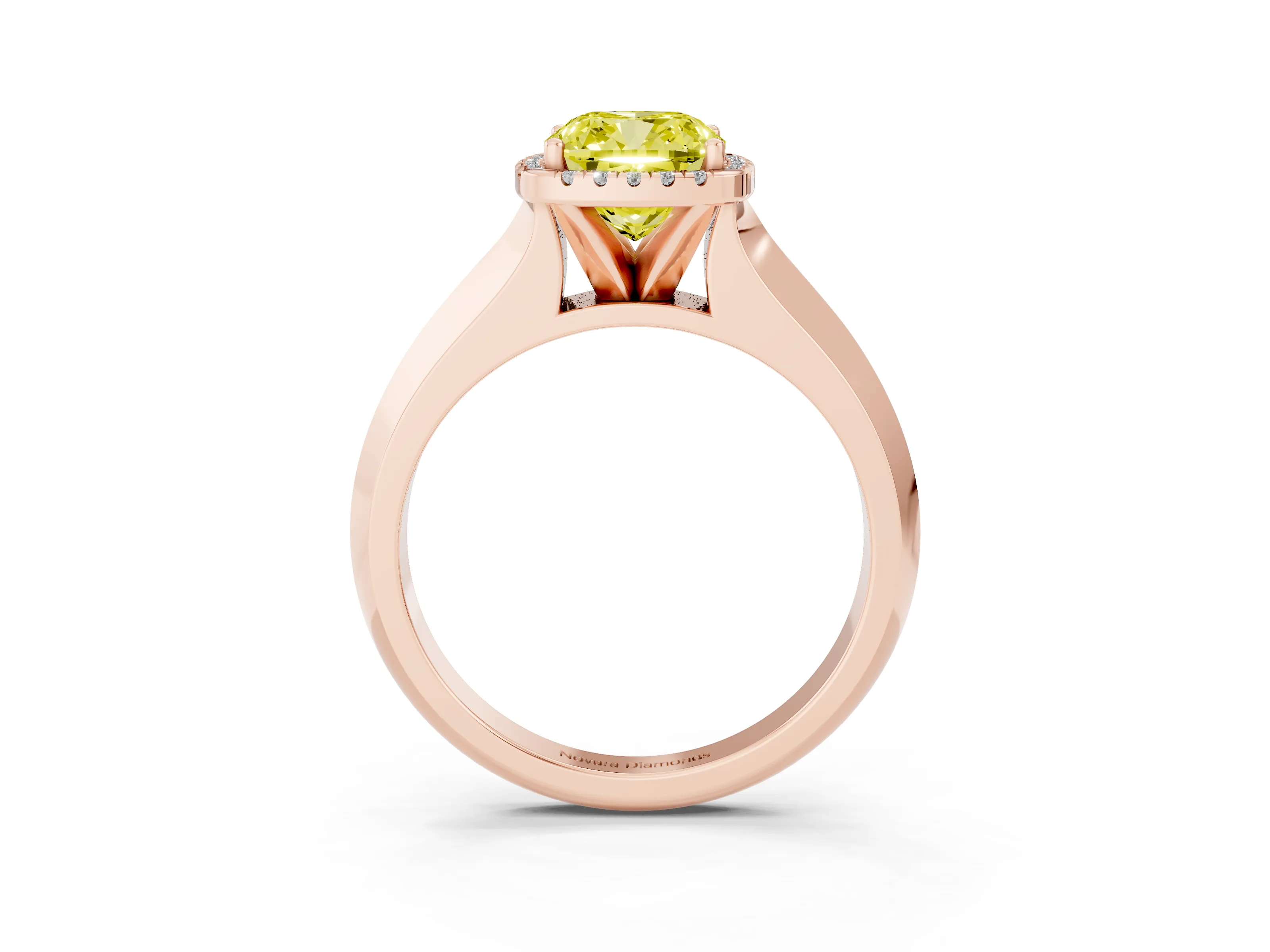 Fancy Yellow Cushion Cut Diamond Halo Ring Set in Rose gold with Cathedral Band and Prong Setting