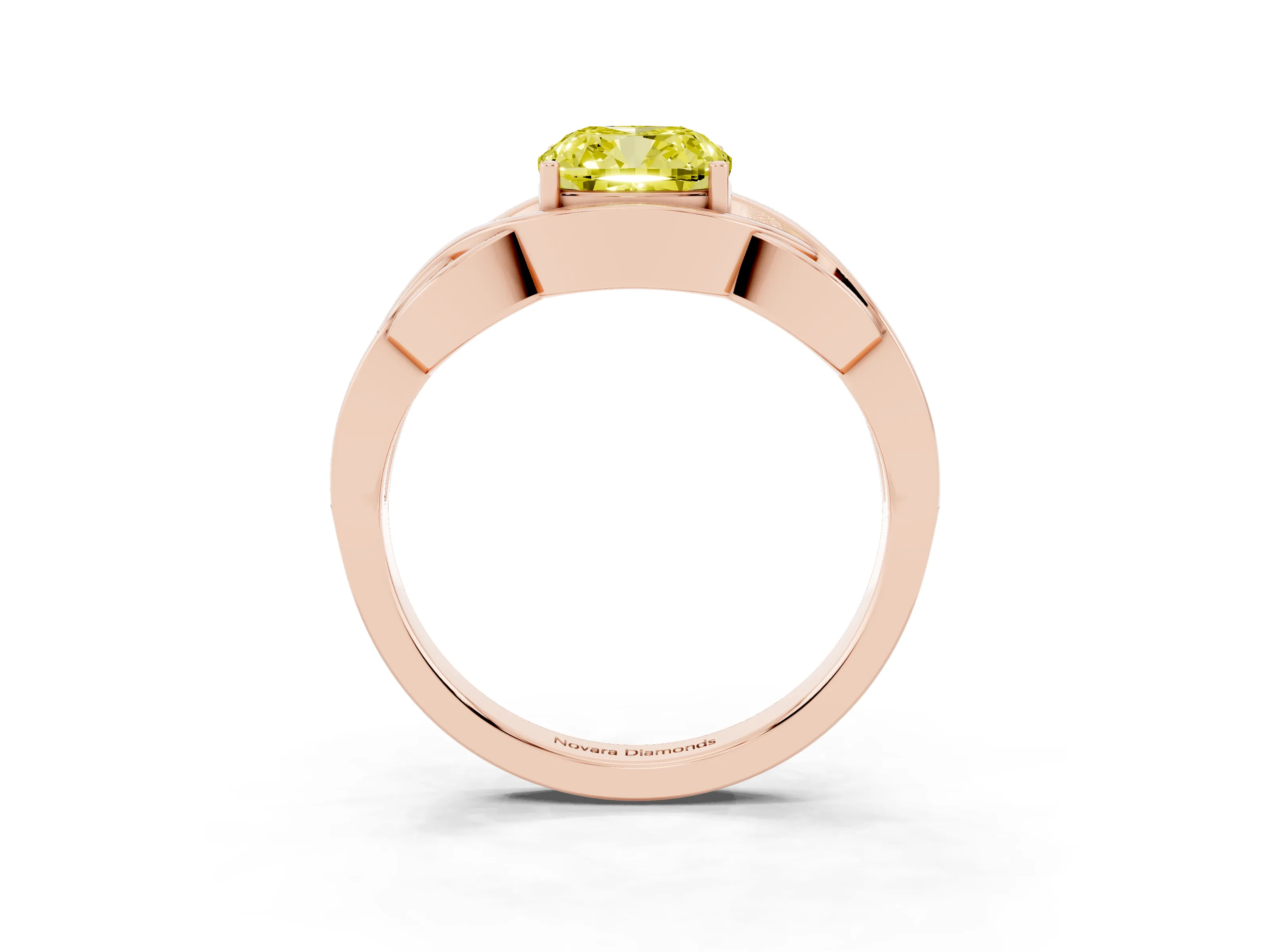 Fancy Yellow Cushion Cut Diamond Solitaire Ring Set in Rose gold with Intertwined Band