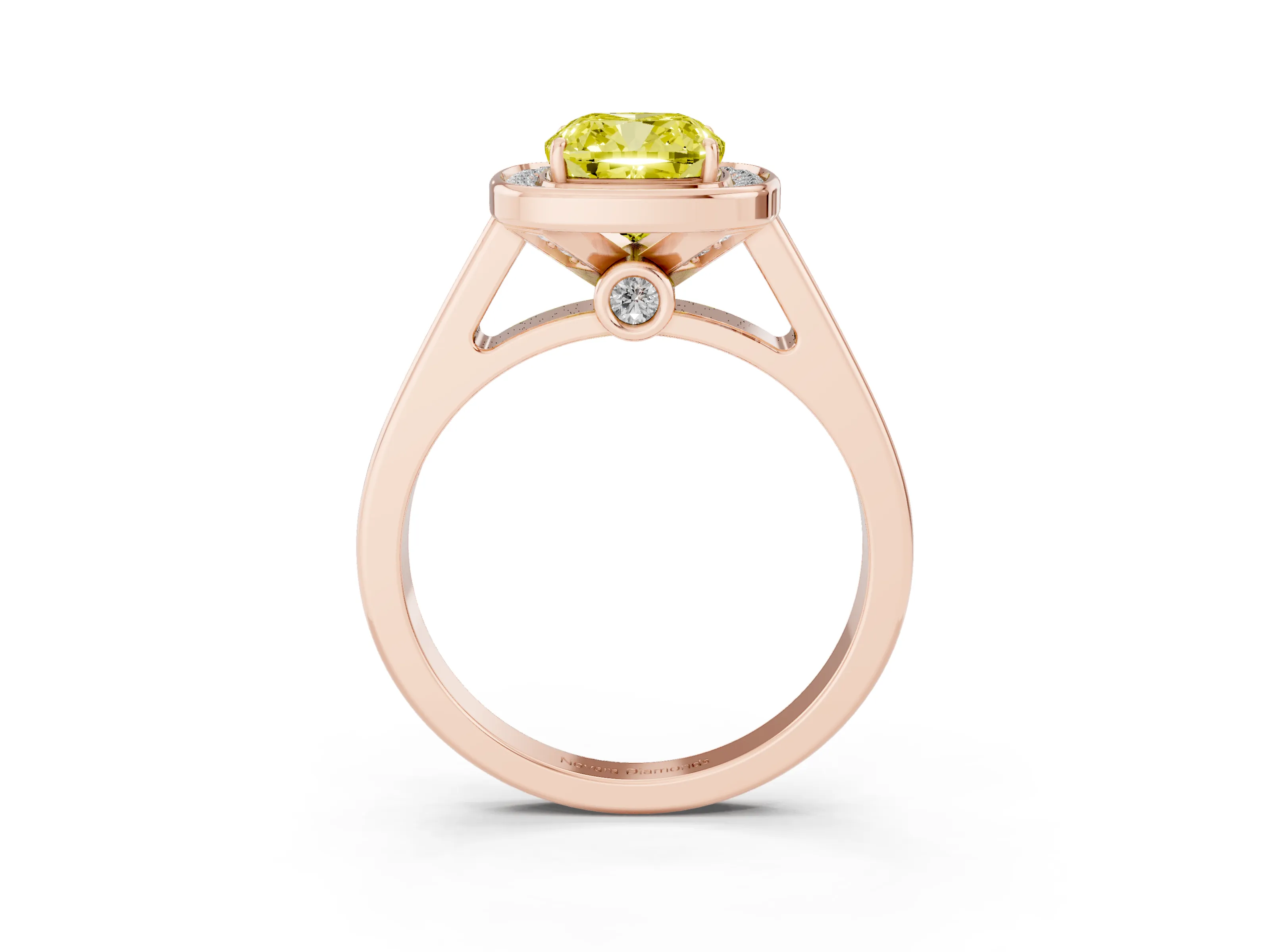 Fancy Yellow Cushion Cut Diamond Halo Solitaire Ring Set in Rose gold with Pavé Band and Bezel Setting
