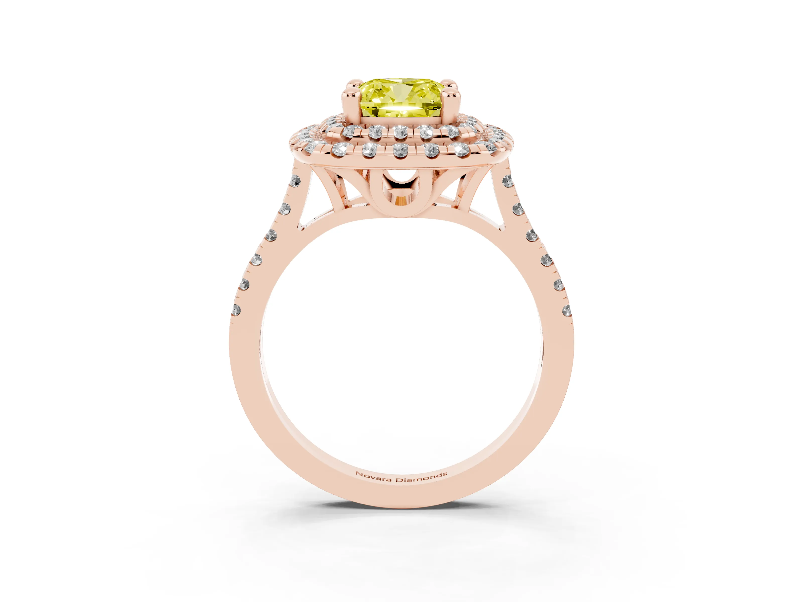 Fancy Yellow Cushion Cut Diamond Double Halo Statement Ring Set in Rose gold with Pavé Band