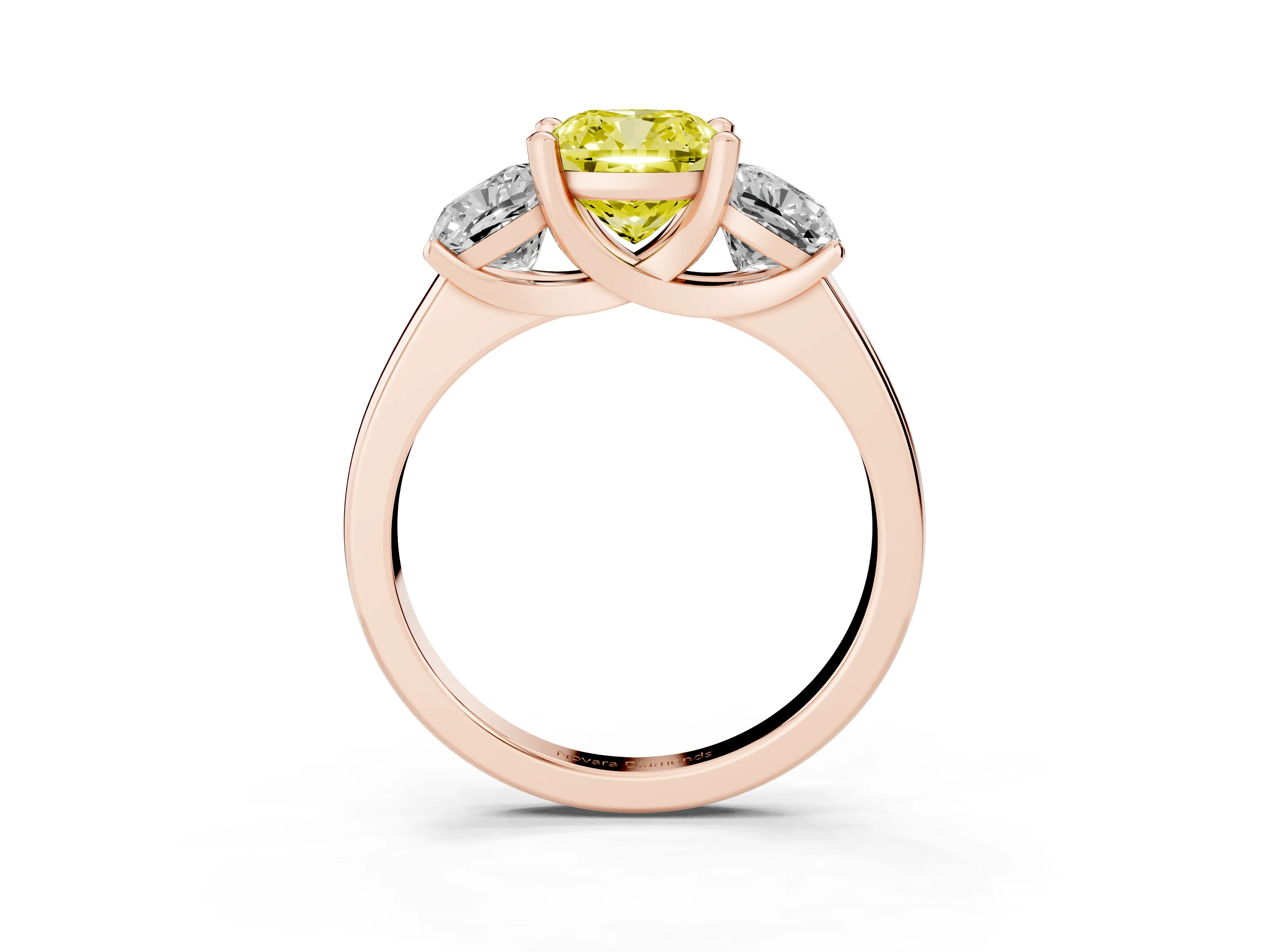 Fancy Yellow Cushion Cut Diamond Three-Stone Ring Set in Rose gold with Classic Prong Setting and Plain Band