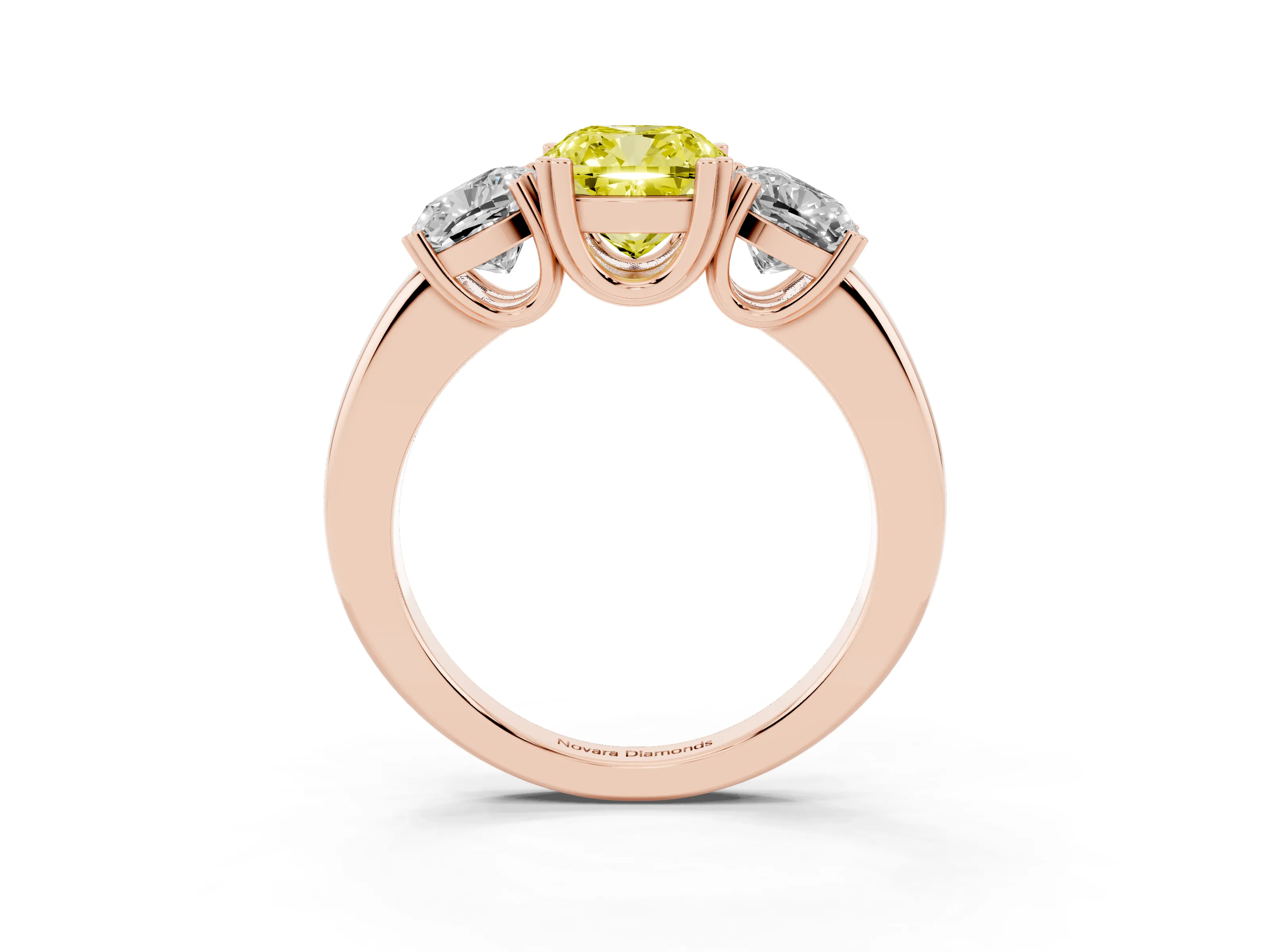 Fancy Yellow Cushion Cut Diamond Three-Stone Ring Set in Rose gold with Polished Band and Prong Setting