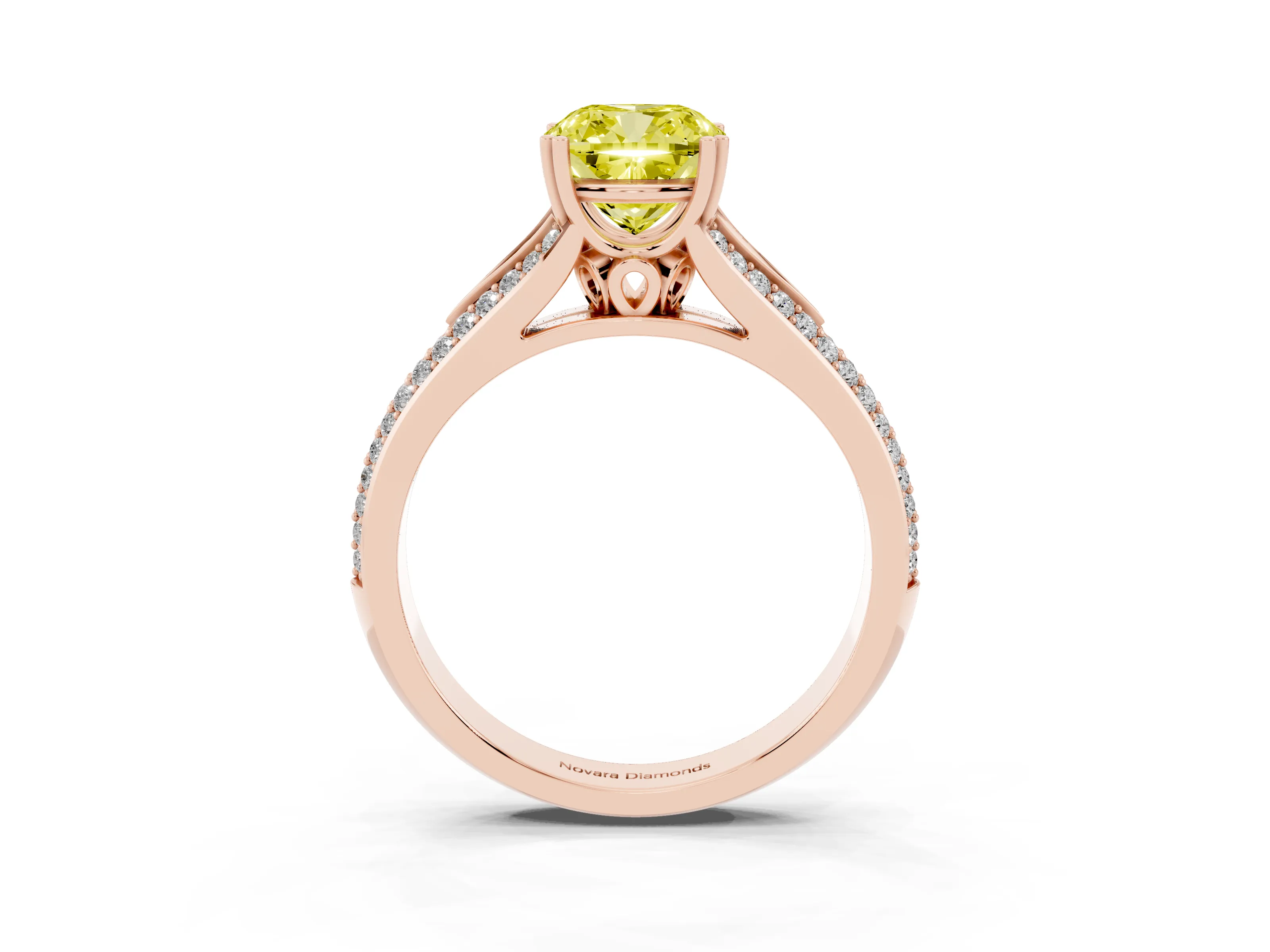 Fancy Yellow Cushion Cut Diamond Split Shank Pavé Engagement Ring Set in Rose gold with Prong-Set Center Stone