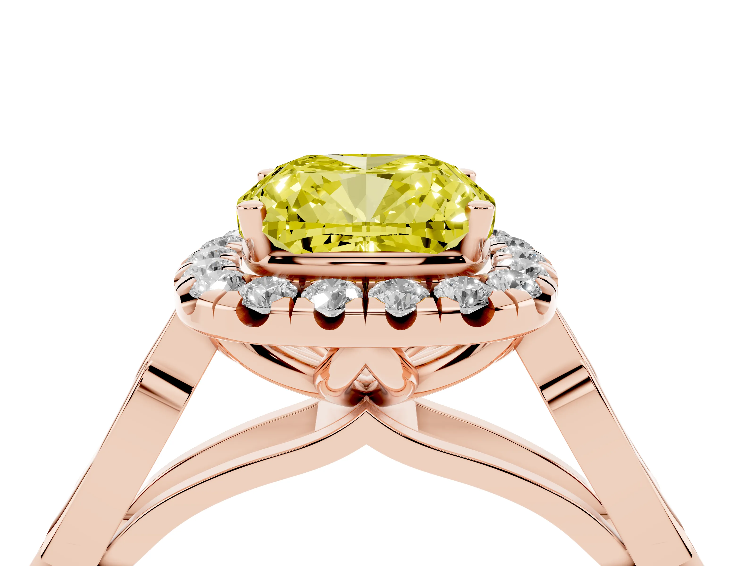 Fancy Yellow Cushion Cut Diamond Halo Engagement Ring Set in Rose gold with Filigree Band and Prong-Set Center