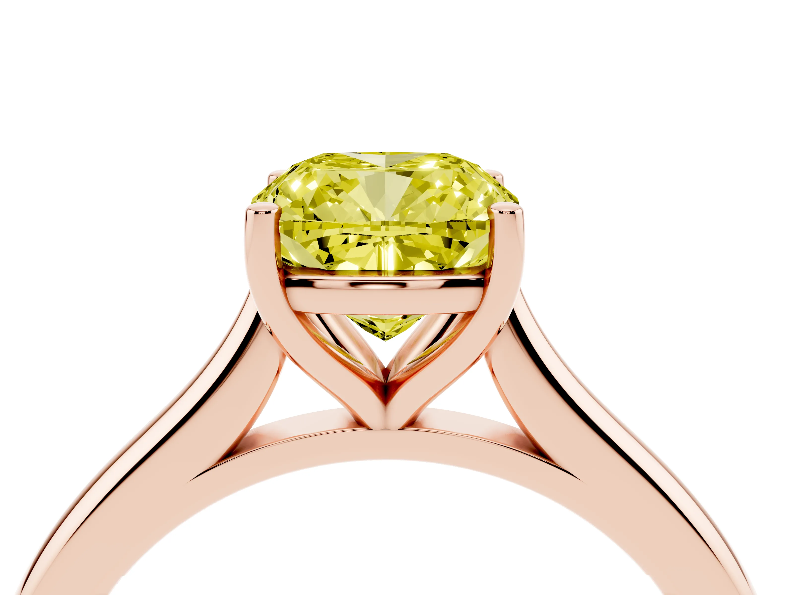 Fancy Yellow Cushion Cut Diamond Solitaire Ring Set in Rose gold with Cathedral Band and Prong Setting