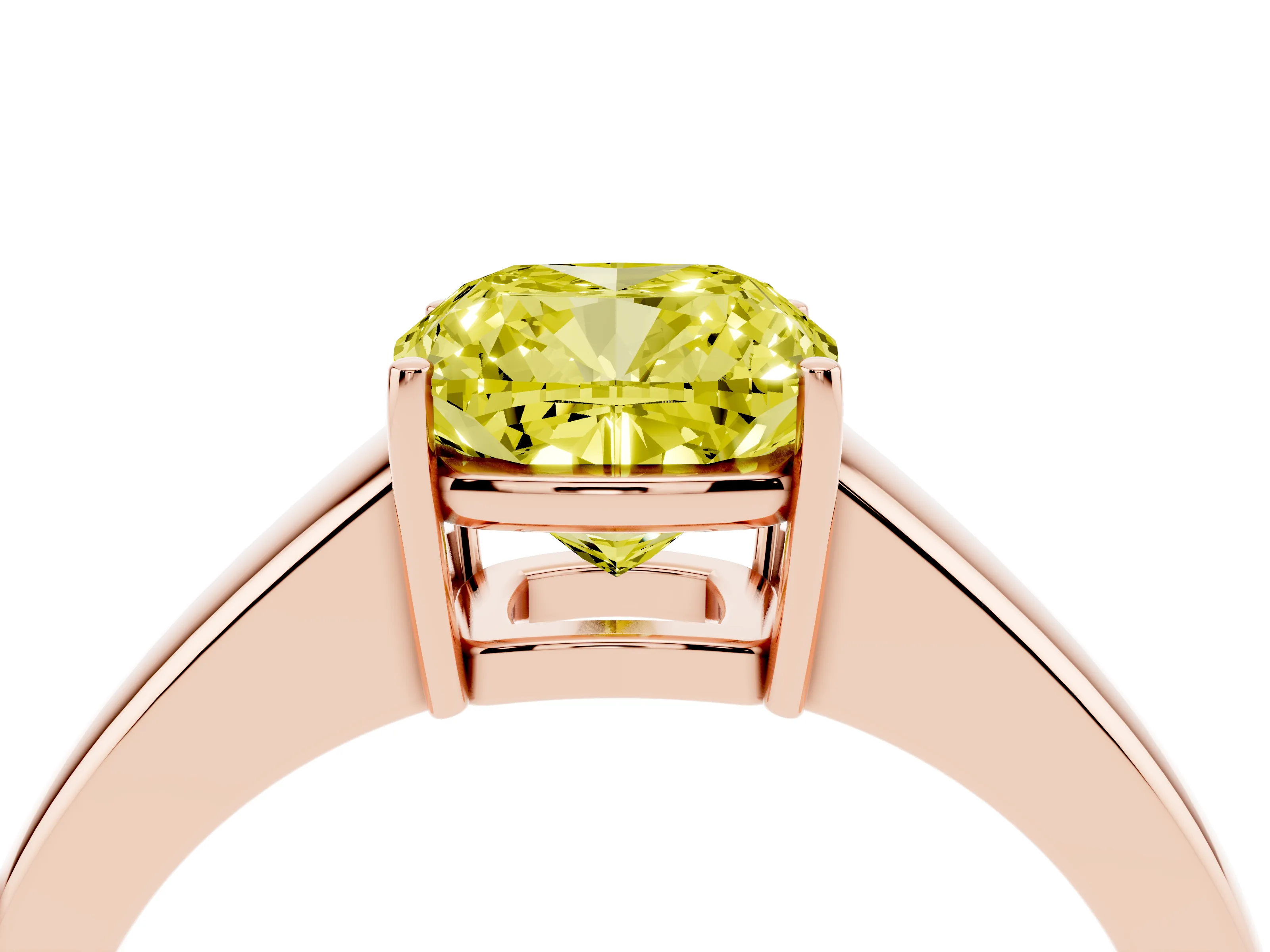 Fancy Yellow Cushion Cut Diamond Solitaire Ring Set in Rose gold with Tapered Band and Prong Setting