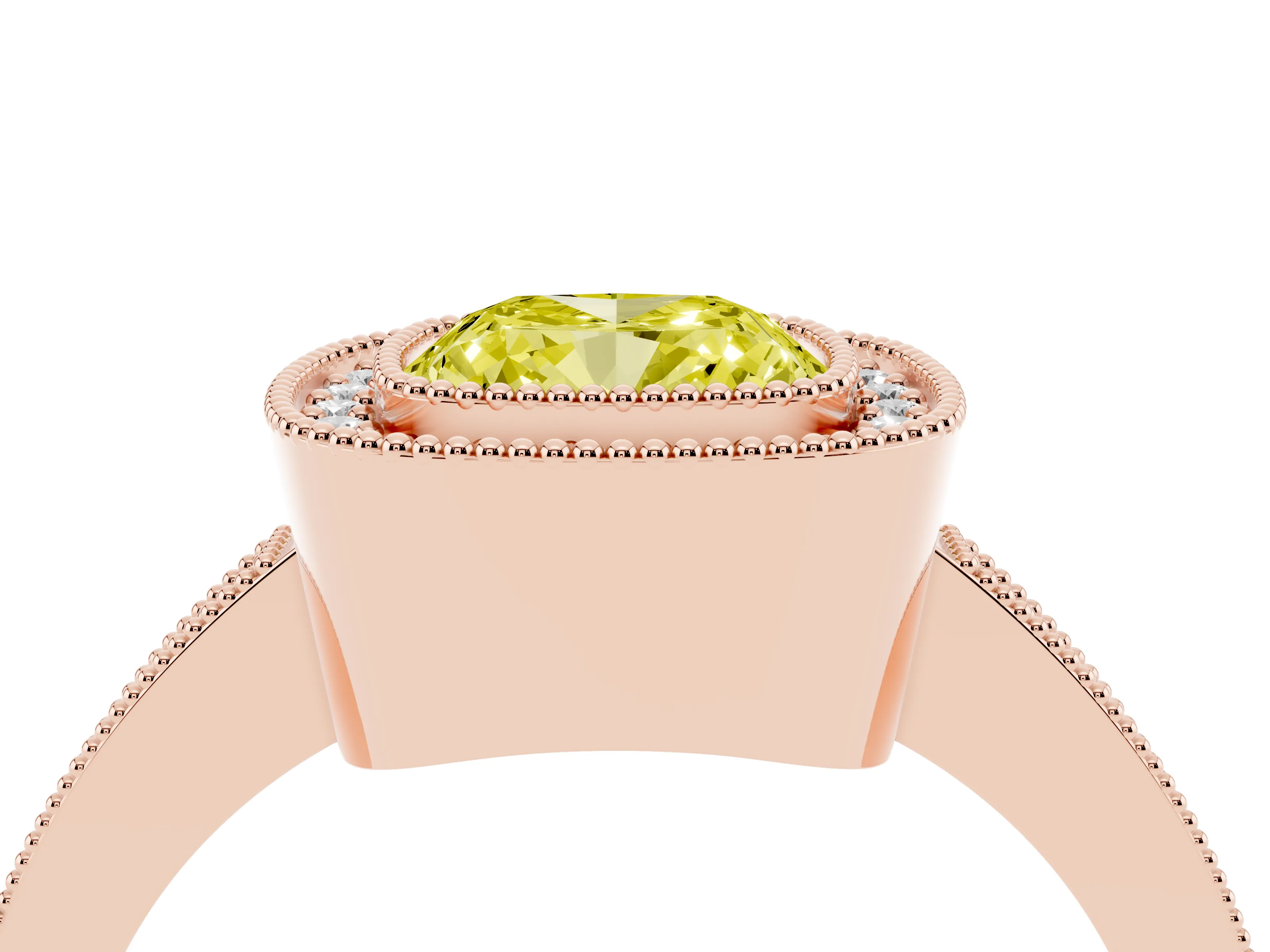 Fancy Yellow Cushion Cut Diamond Halo Engagement Ring Set in Rose gold with Pavé Band and Round Halo Stones