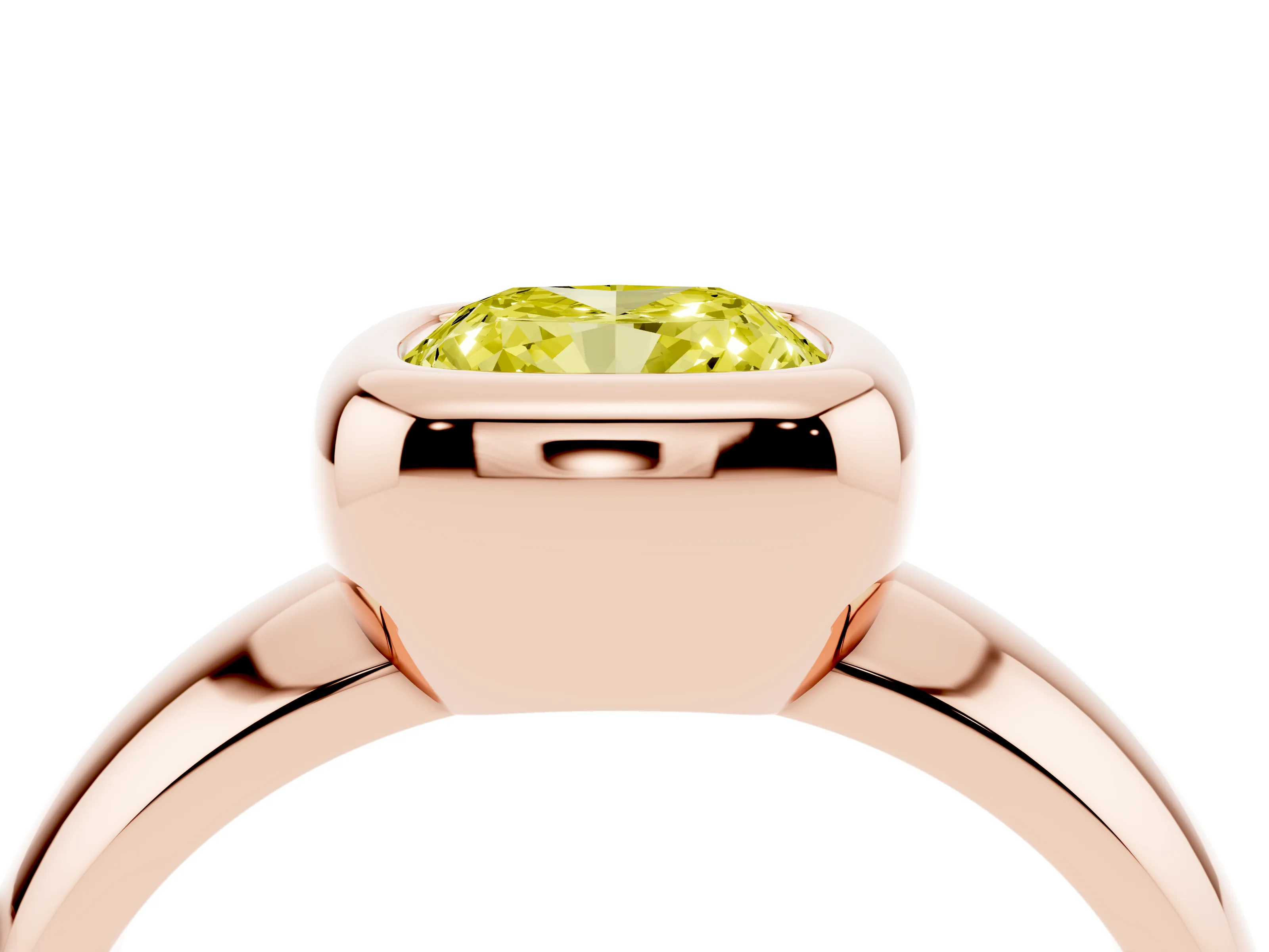 Fancy Yellow Bezel Set Cushion Cut Diamond Solitaire Ring Set in Rose gold with Wide Band