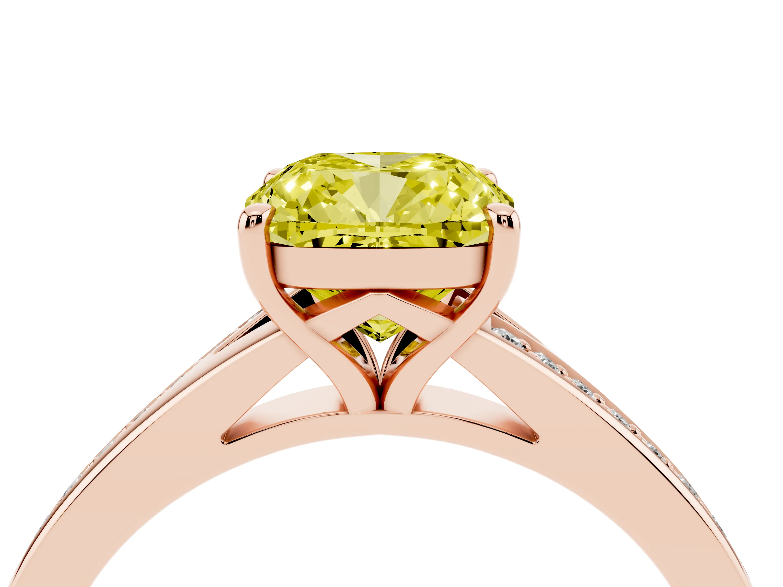 Fancy Yellow Cushion Cut Diamond Solitaire Ring Set in Rose gold with Pavé Accent Band and Classic Prong Setting