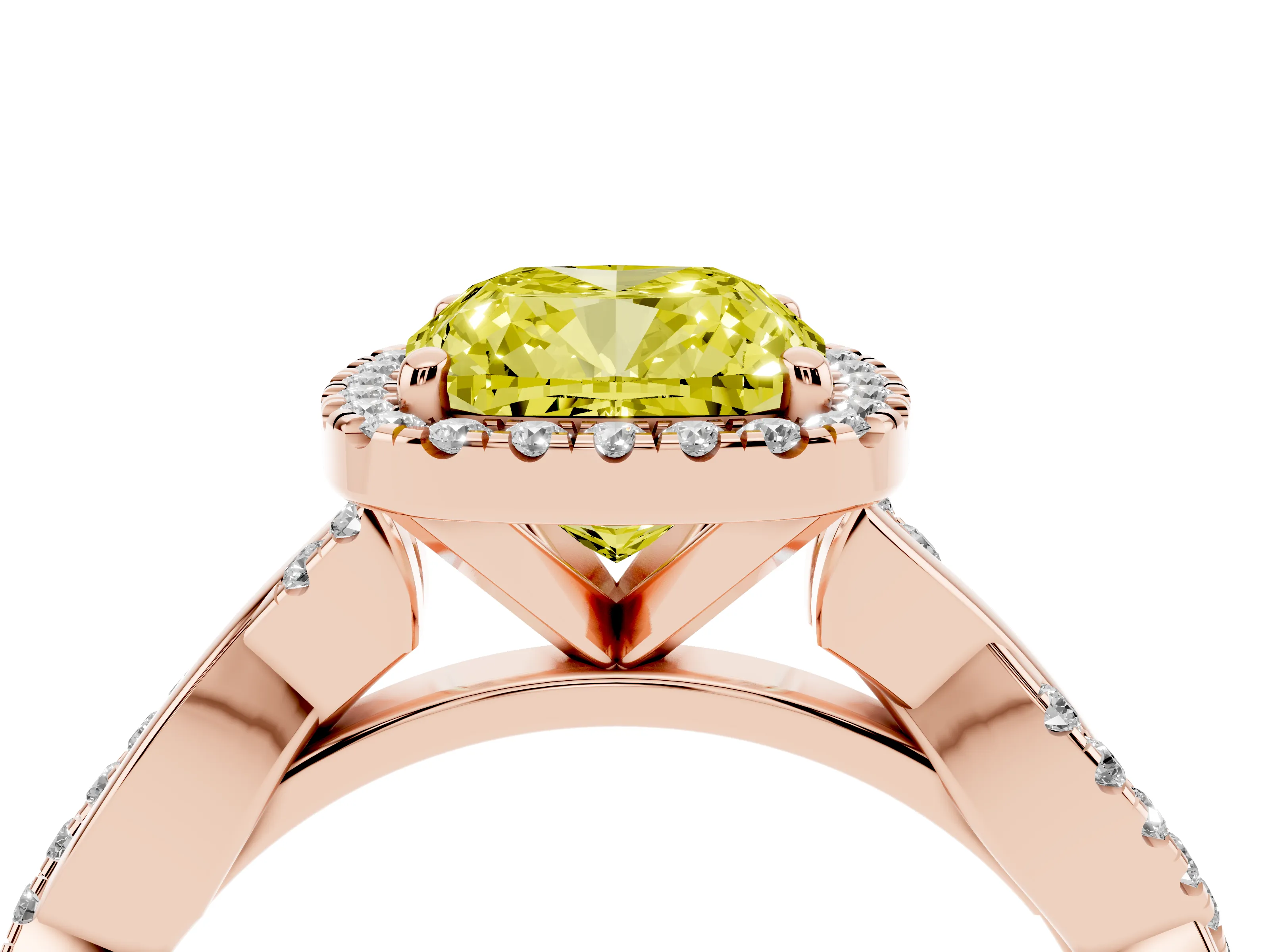 Fancy Yellow Cushion Cut Diamond Halo Twisted Band Ring Set in Rose gold with Prong Setting