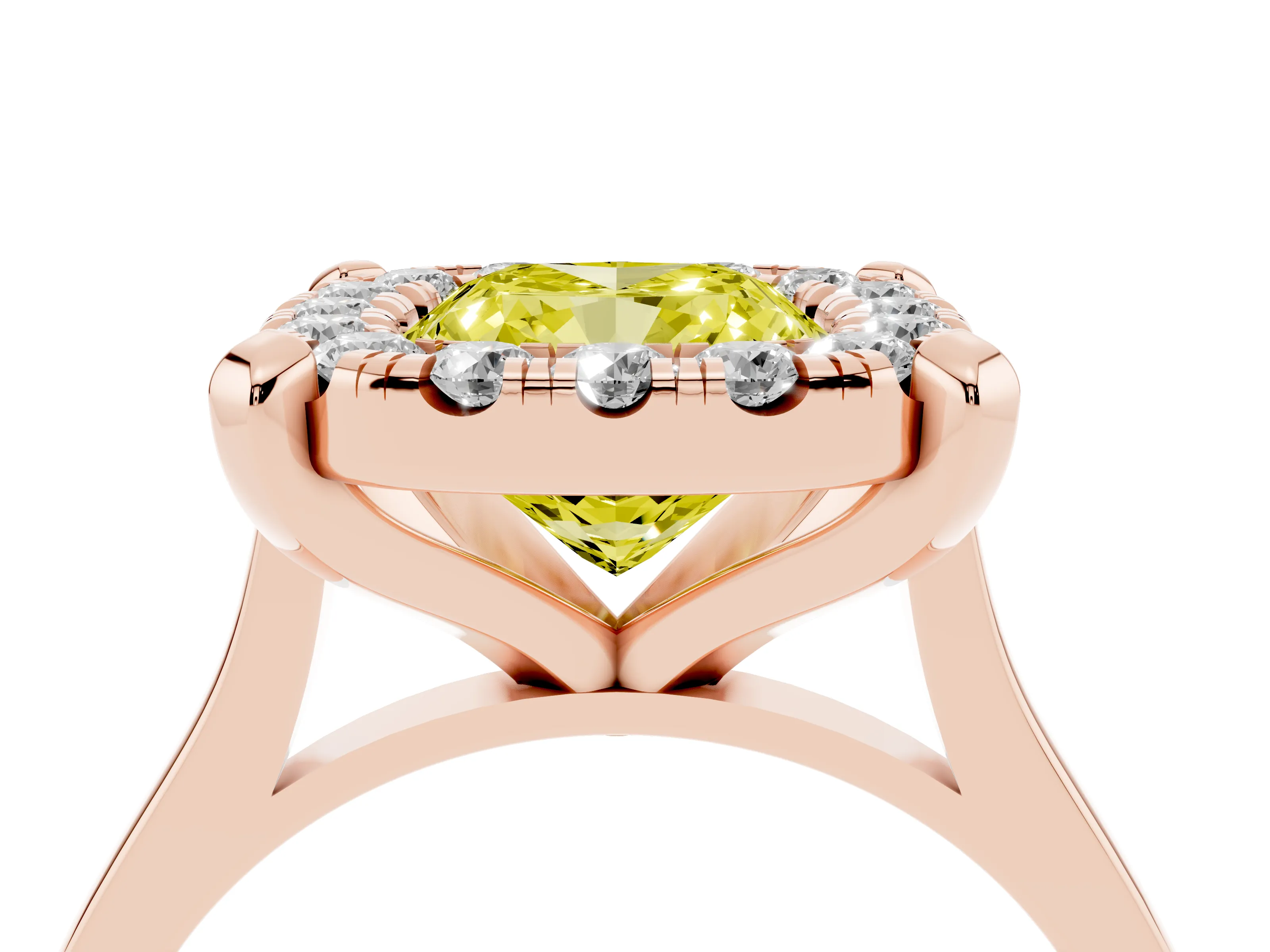 Fancy Yellow Cushion Cut Diamond Cluster Halo Solitaire Ring Set in Rose gold with Prong Setting