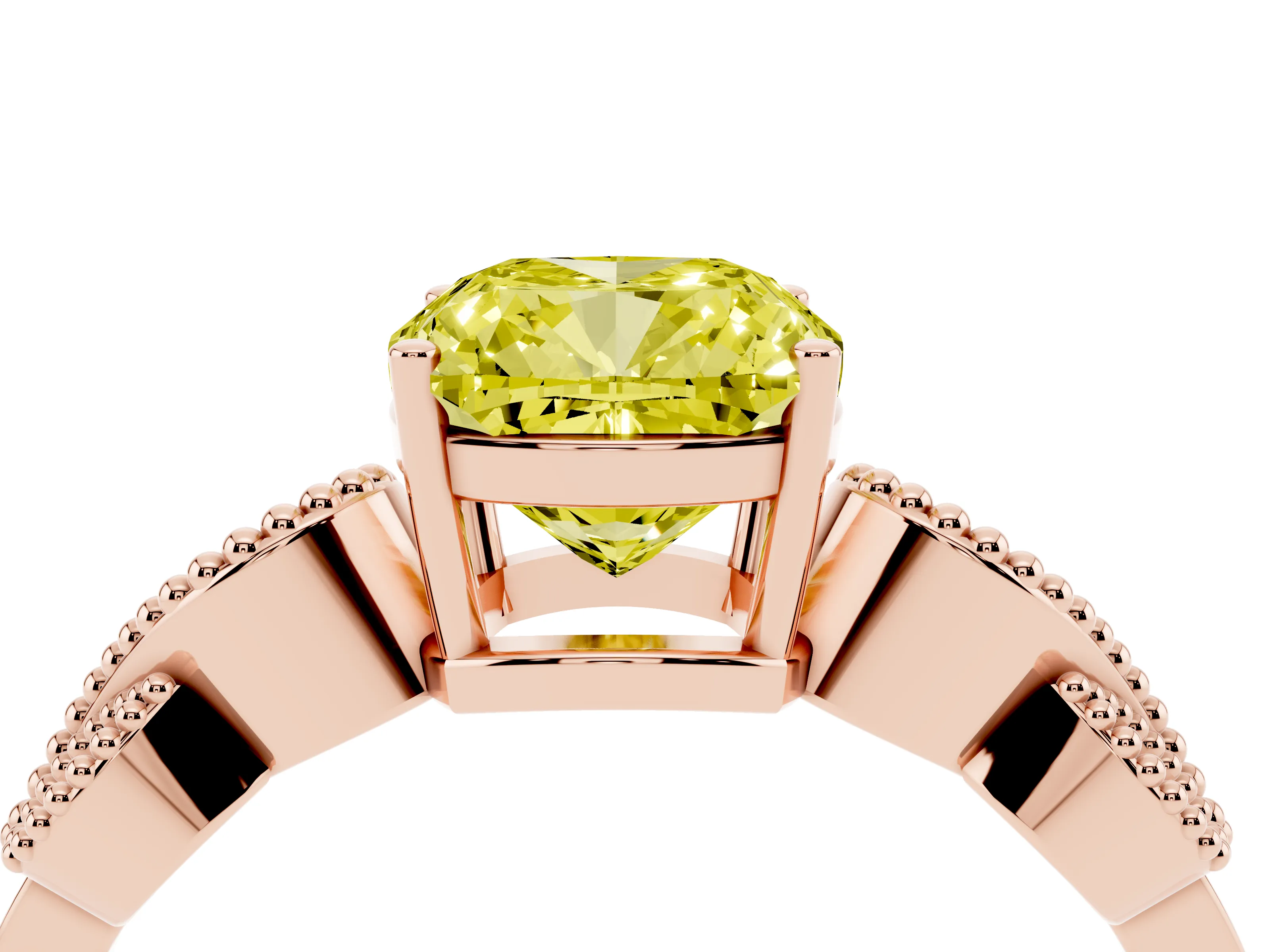 Fancy Yellow Cushion Cut Diamond Milgrain Leaf Band Solitaire Ring Set in Rose gold with Accent Stones and Prong Setting