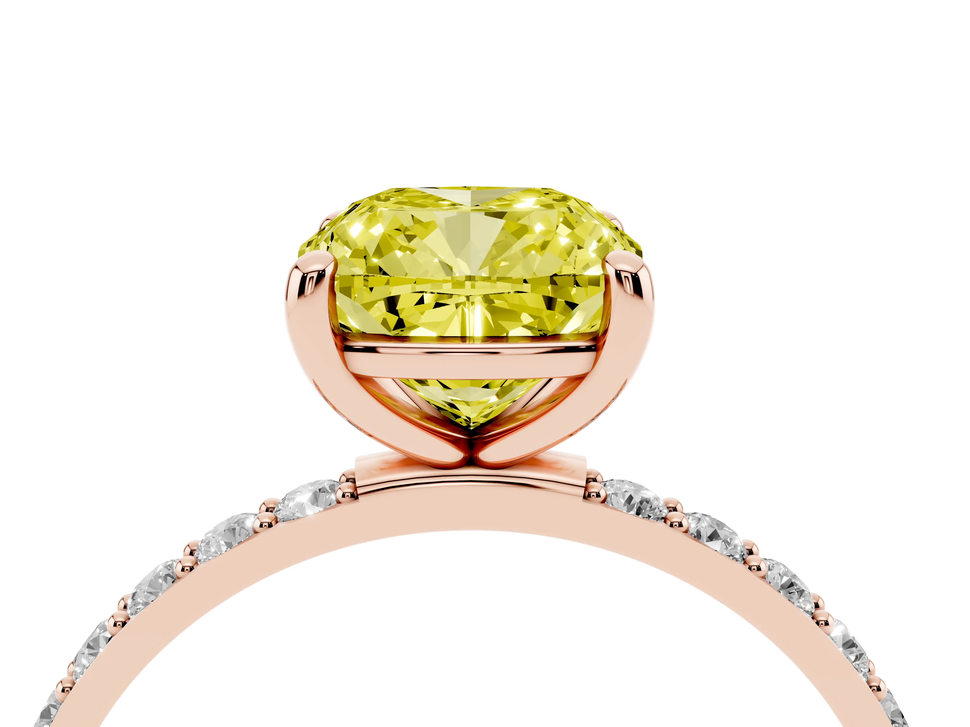 Fancy Yellow Cushion Cut Diamond Solitaire Ring Set in Rose gold with Round Pavé Band and Prong Setting