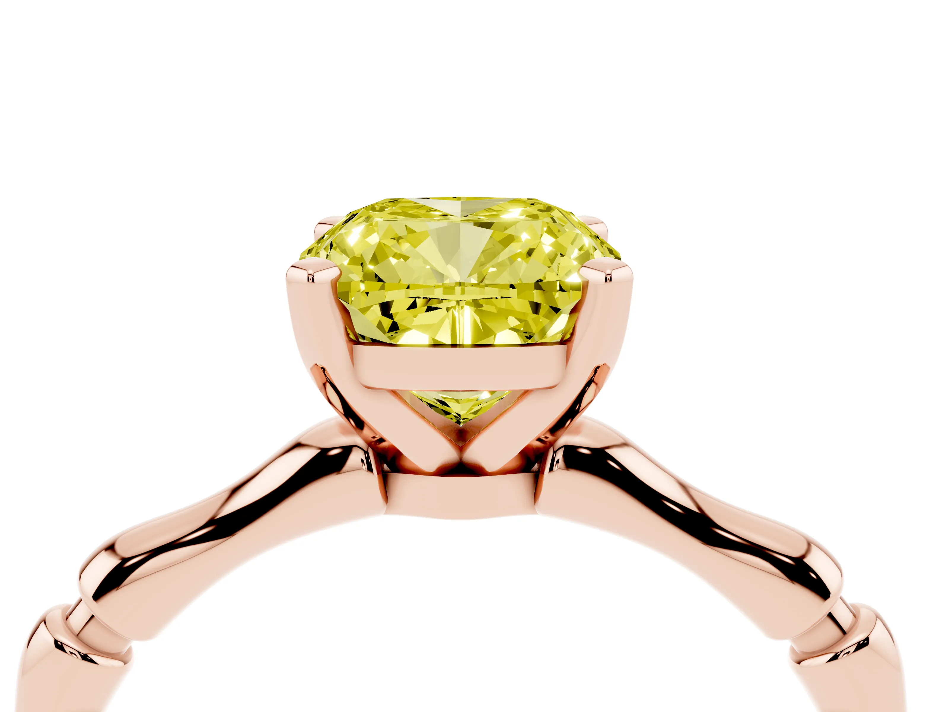 Fancy Yellow Cushion Cut Diamond Solitaire Ring Set in Rose gold with Bamboo Band and Prong Setting
