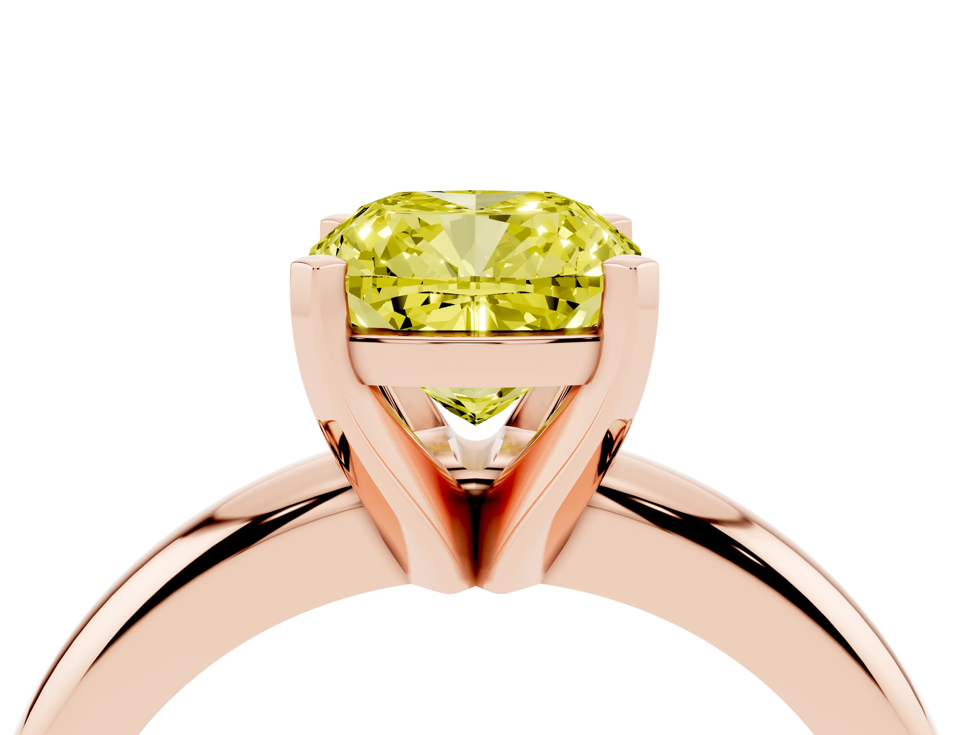 Fancy Yellow Cushion Cut Diamond Solitaire Engagement Ring Set in Rose gold with Round Band and Prong Setting