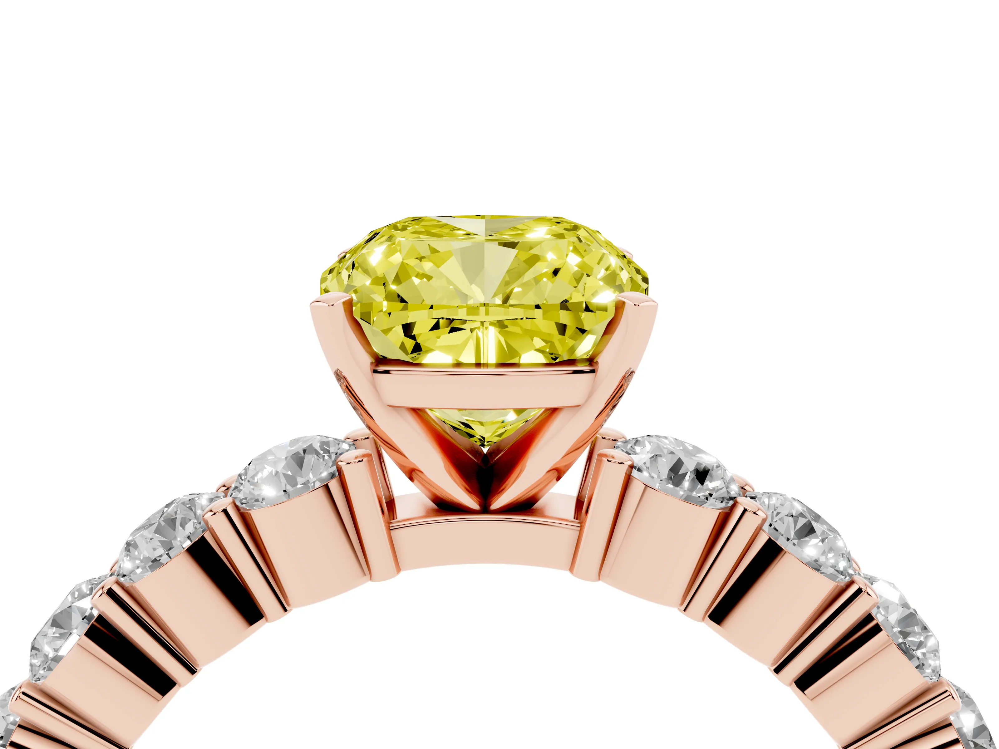 Fancy Yellow Cushion Cut Diamond Solitaire Ring Set in Rose gold with Shared Prong Round Side Stones