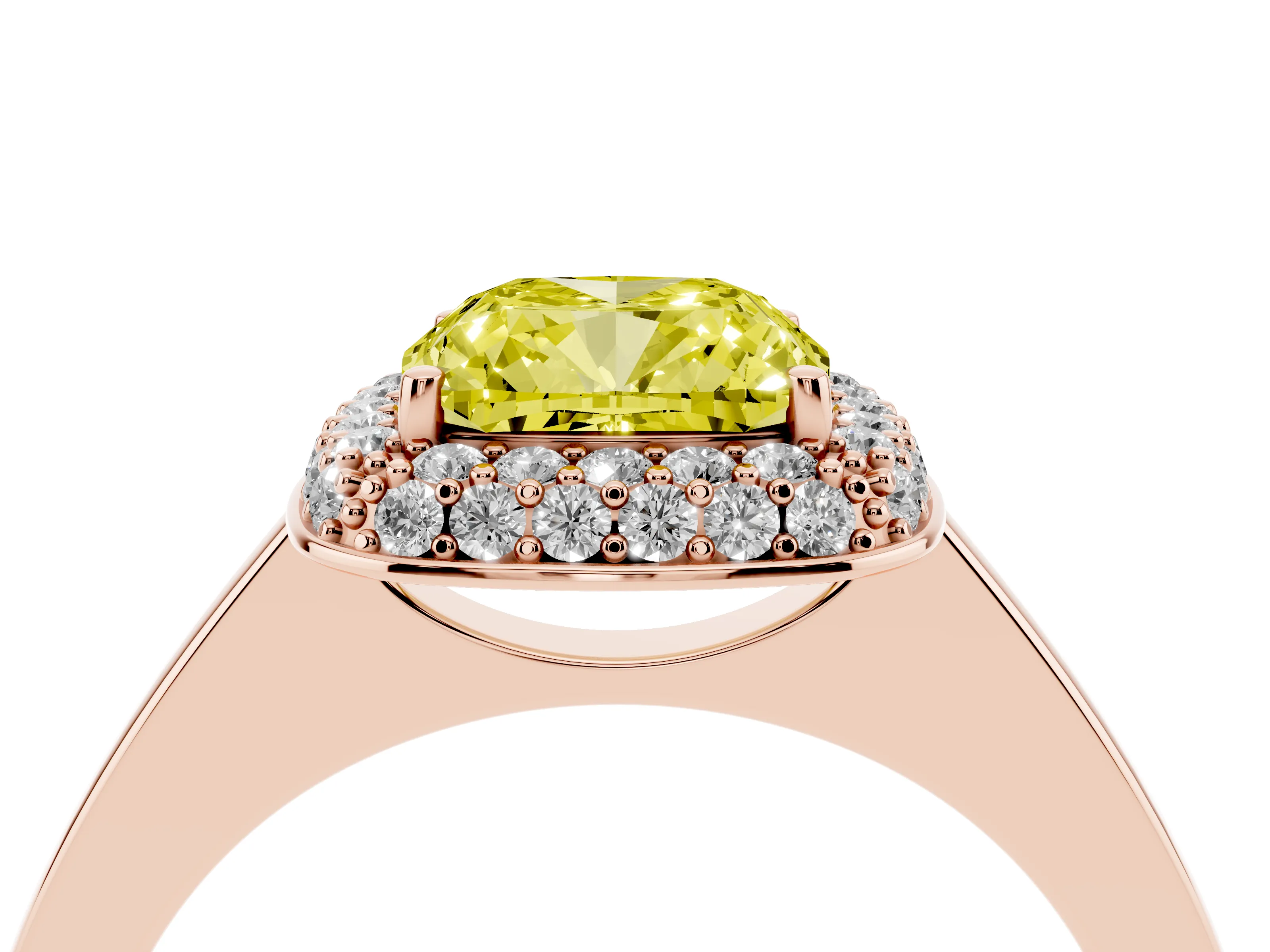 Fancy Yellow Cushion Cut Diamond Halo Engagement Ring Set in Rose gold with Solitaire Band and Prong Setting