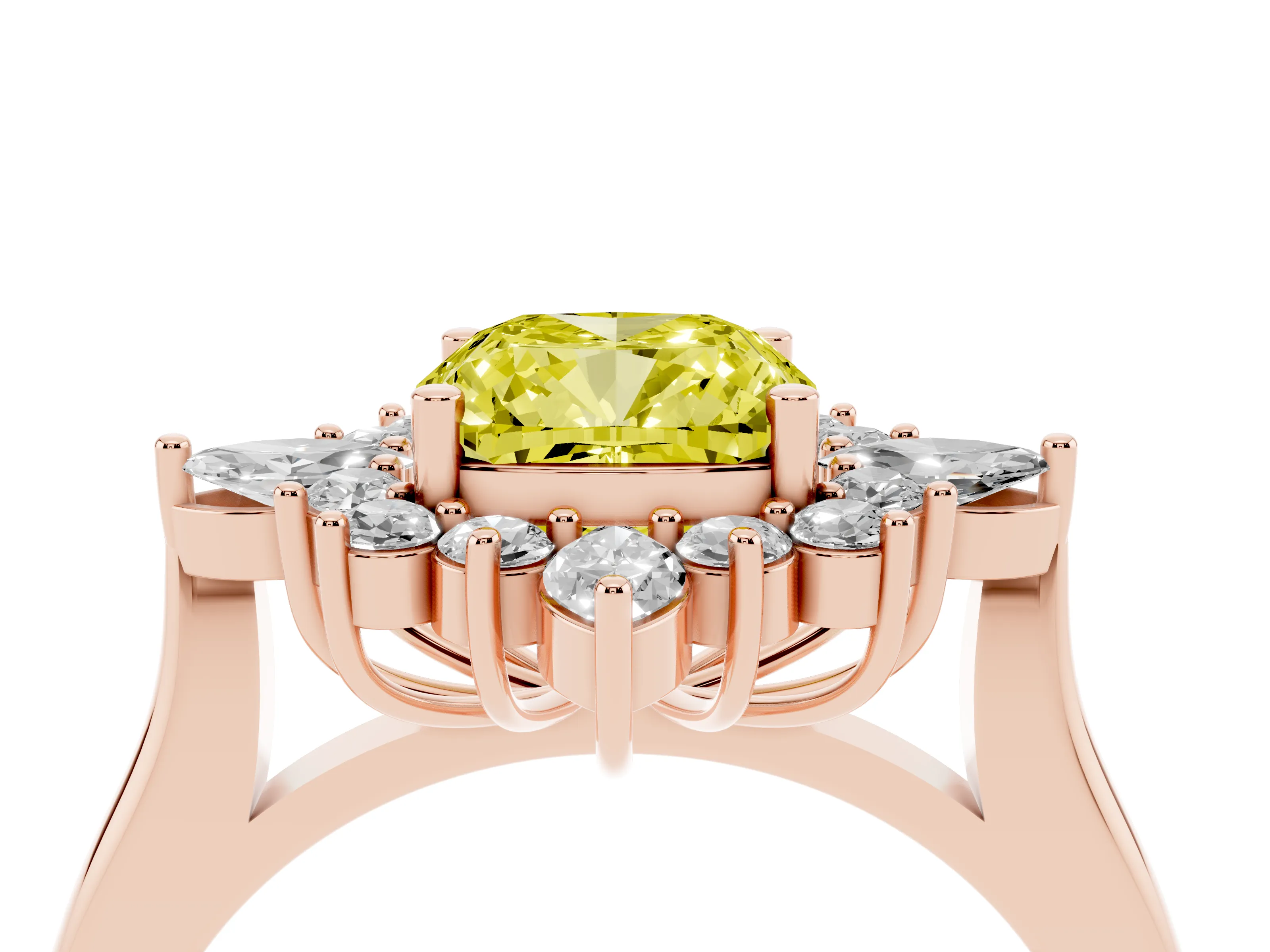 Fancy Yellow Cushion Cut Diamond Cluster Halo Ring Set in Rose gold with Marquise and Round Accents