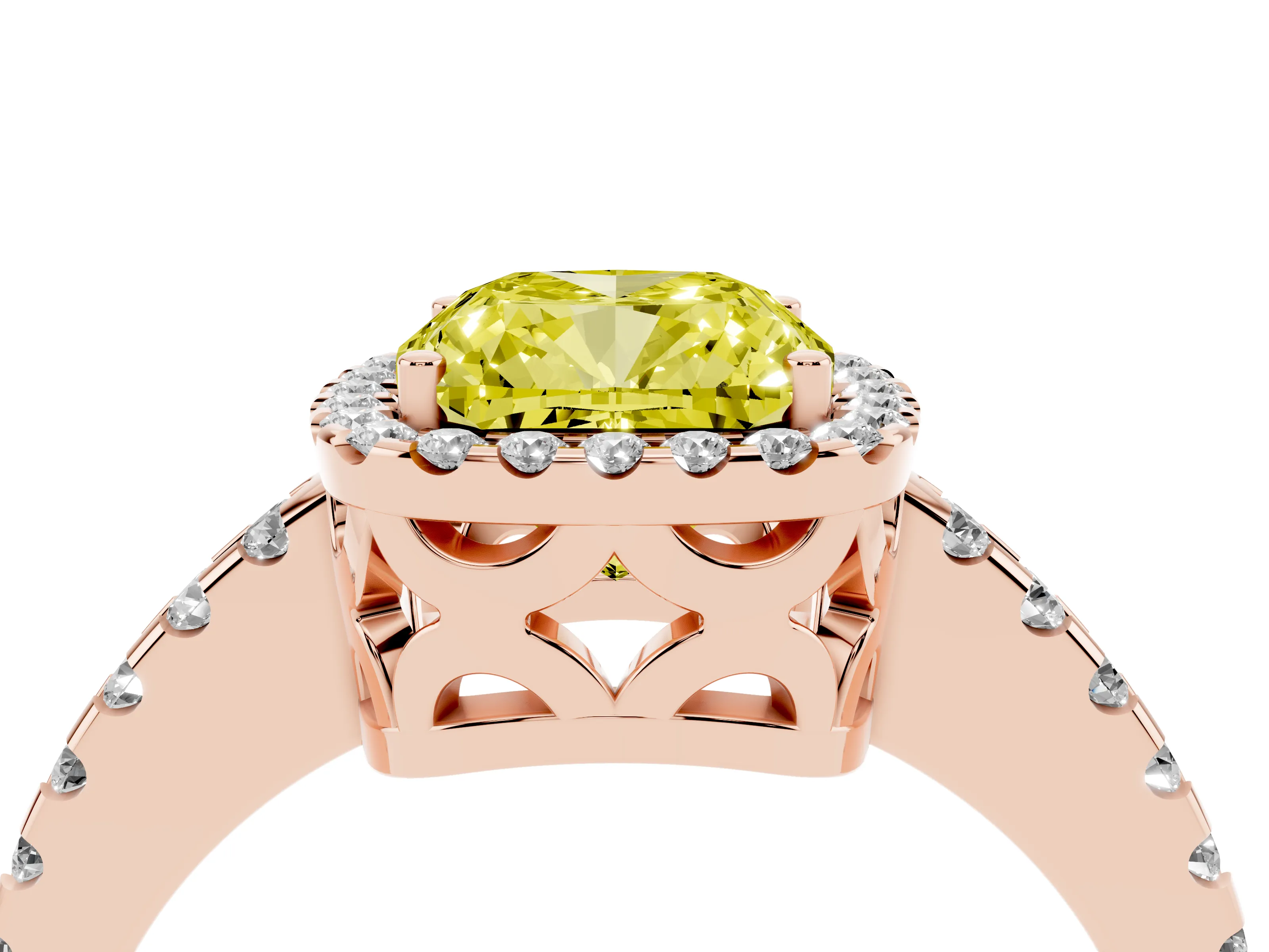 Fancy Yellow Cushion Cut Diamond Halo Ring Set in Rose gold with Pavé Shoulders and Halo-Framed Center