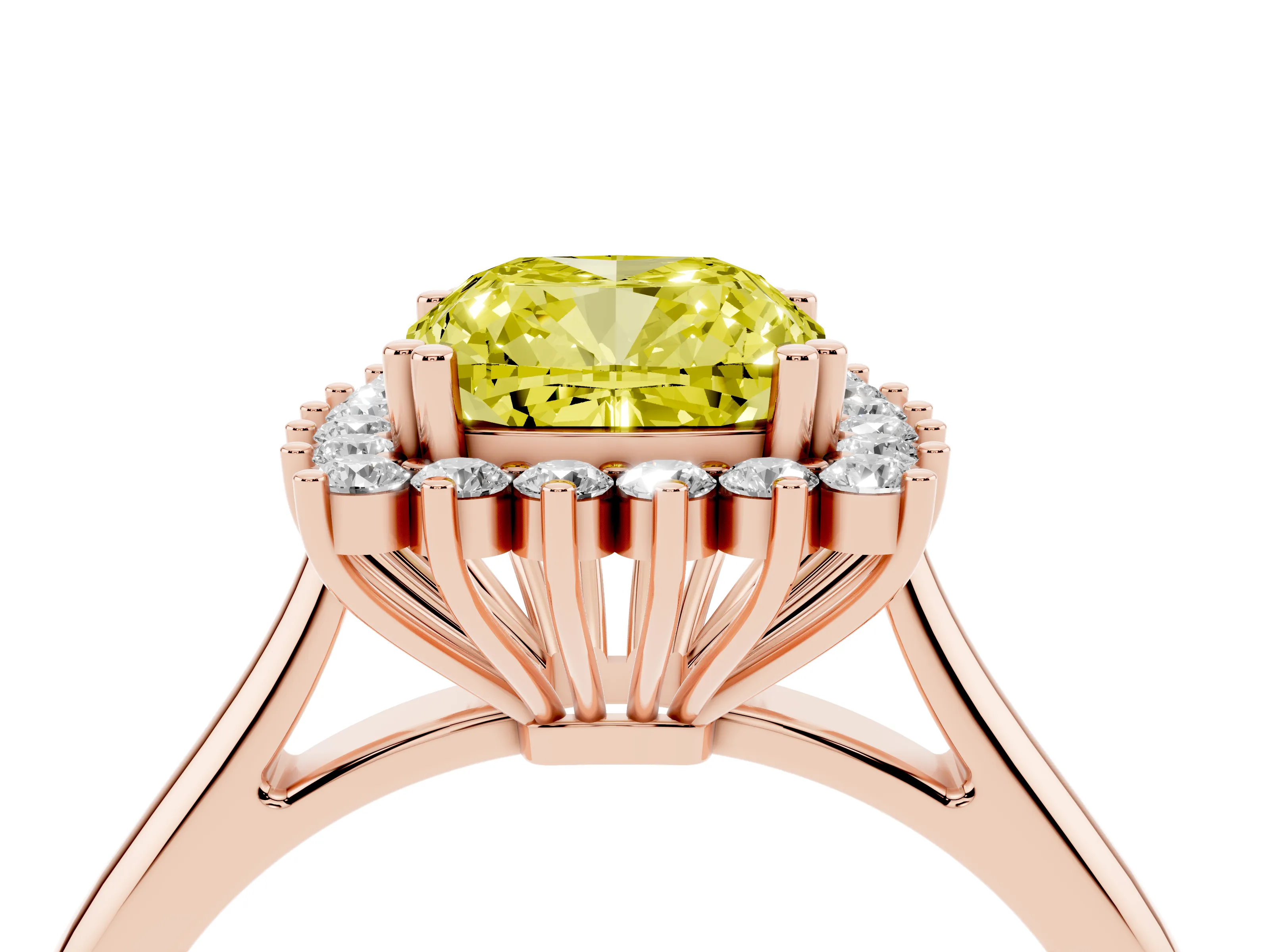 Fancy Yellow Cushion Cut Diamond Halo Ring Set in Rose gold with Plain Solitaire Band and Prong Setting