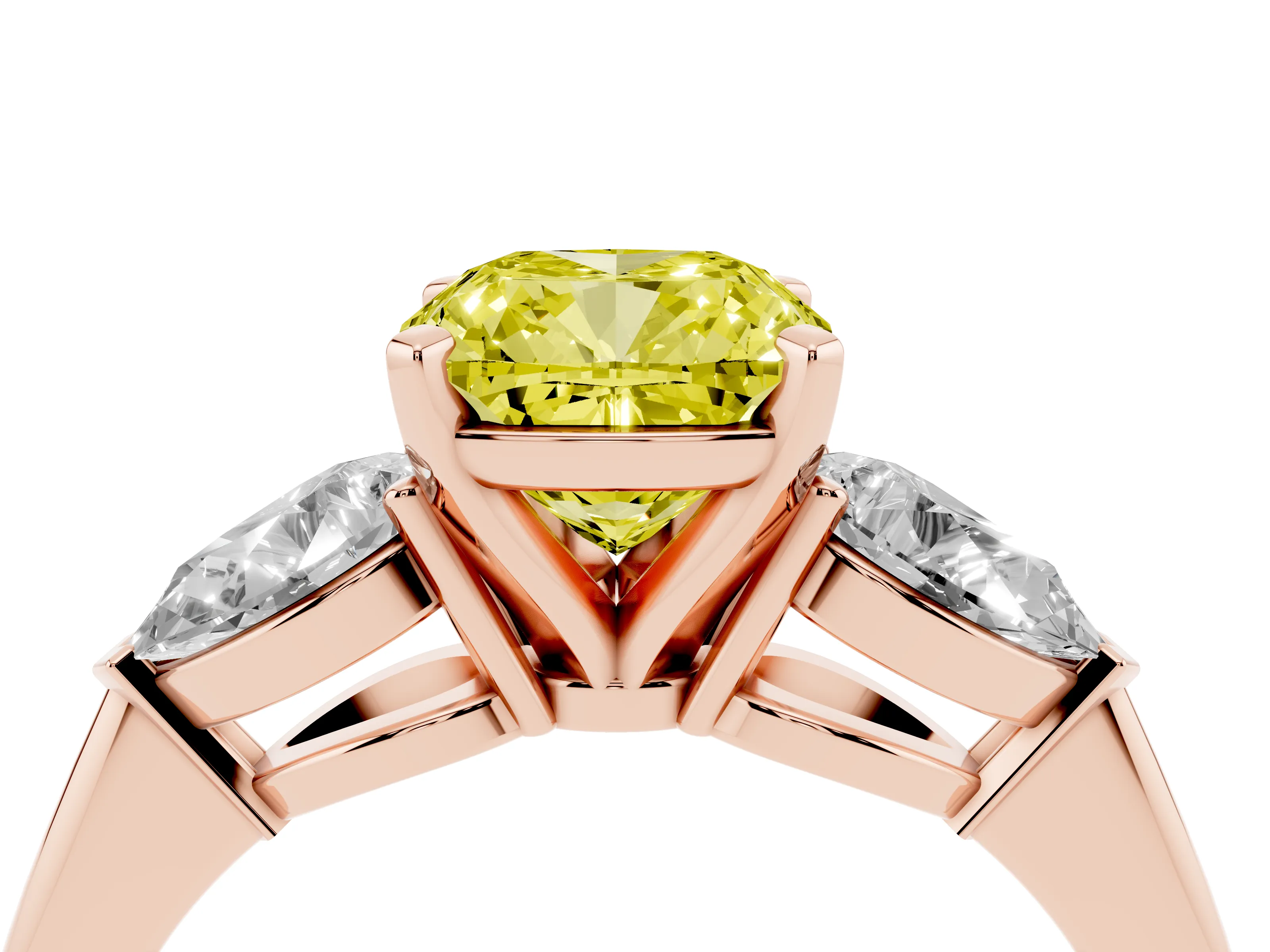Fancy Yellow Three-Stone Cushion Cut Diamond Ring Set in Rose gold with Pear Side Stones and Prong Setting