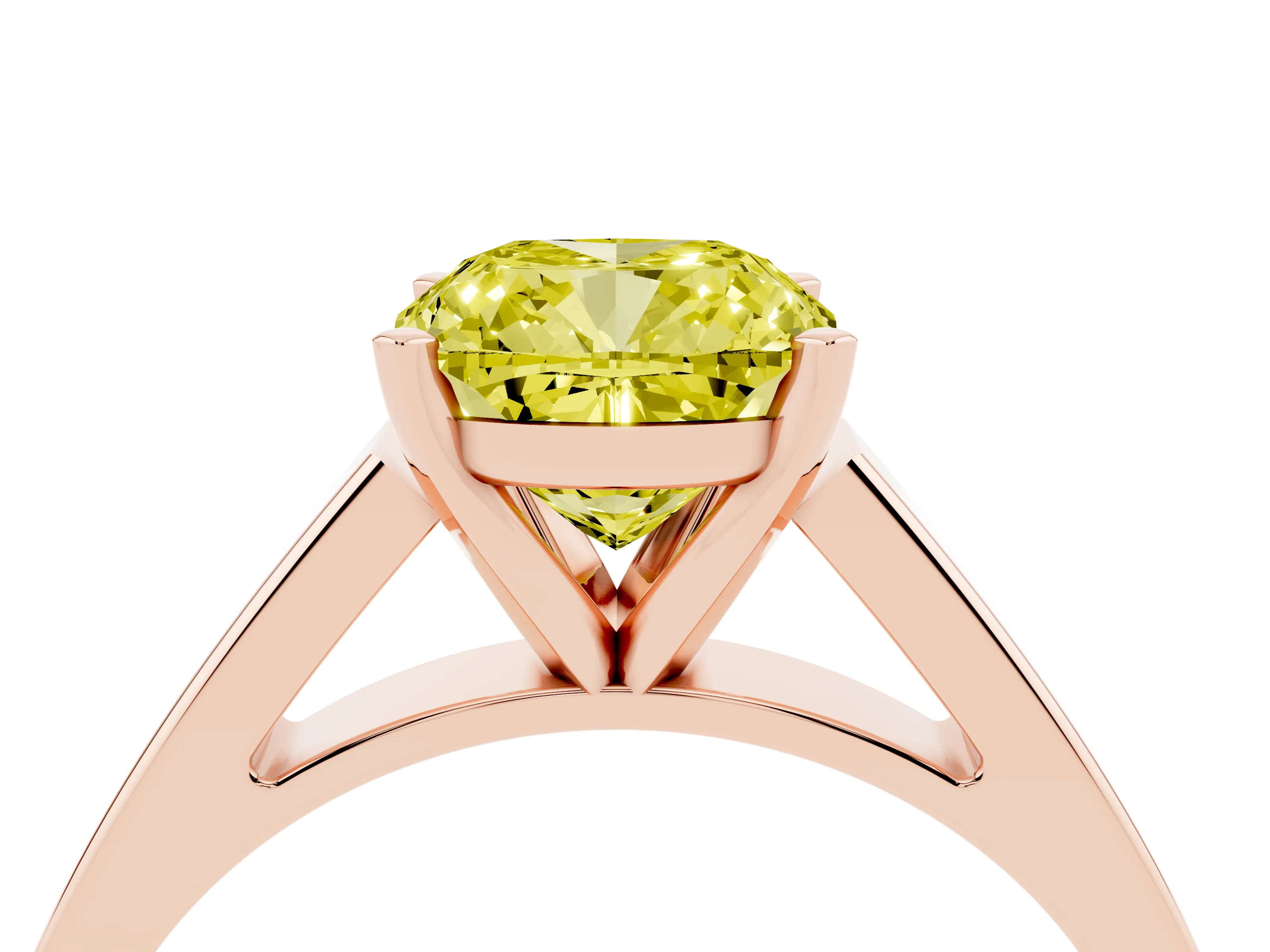 Fancy Yellow Cushion Cut Diamond Solitaire Engagement Ring Set in Rose gold with Prong Setting and Tapered Band