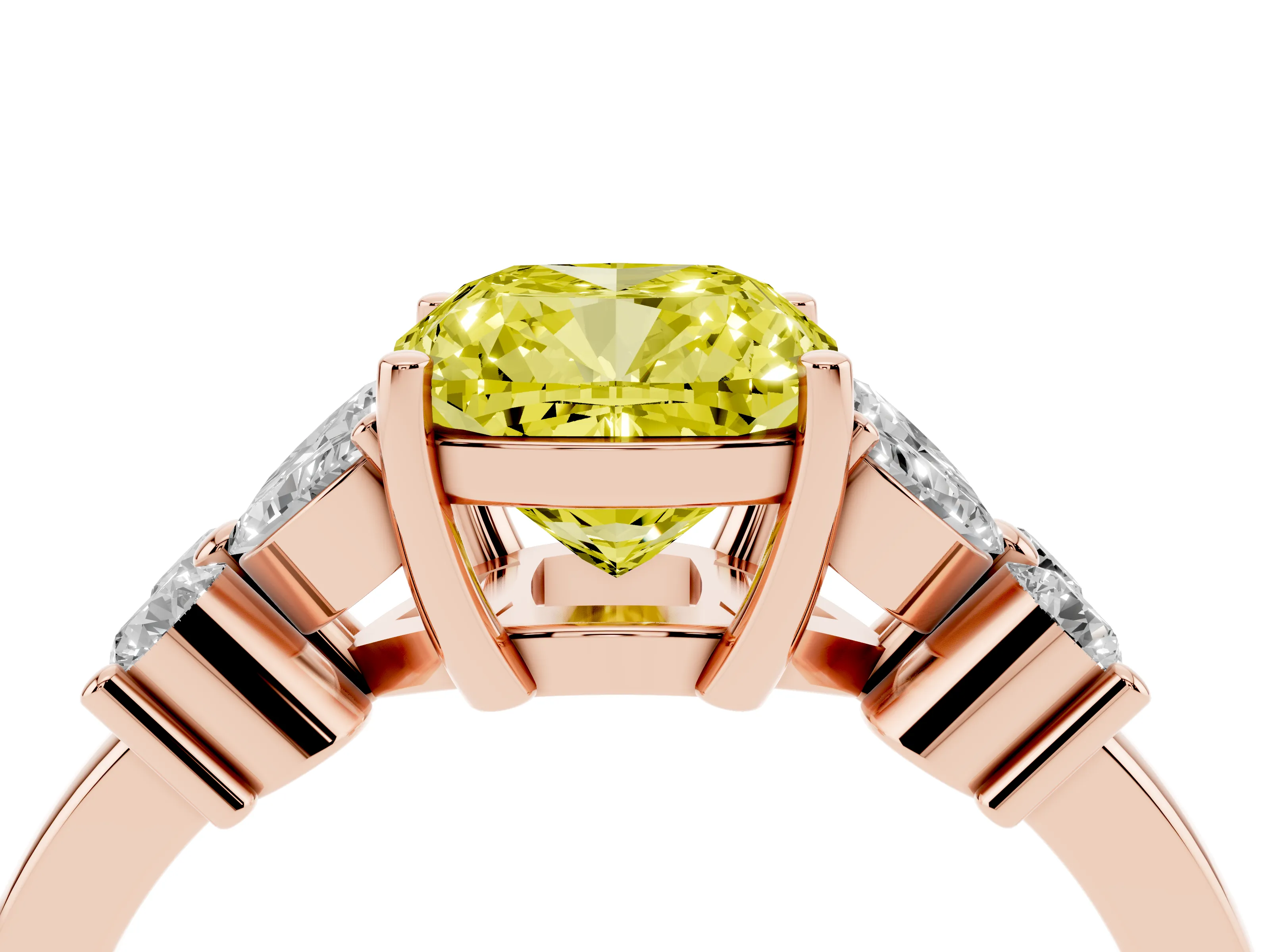 Fancy Yellow Cushion Cut Diamond Floral Cluster Ring Set in Rose gold with Marquise Petals and Prong Setting
