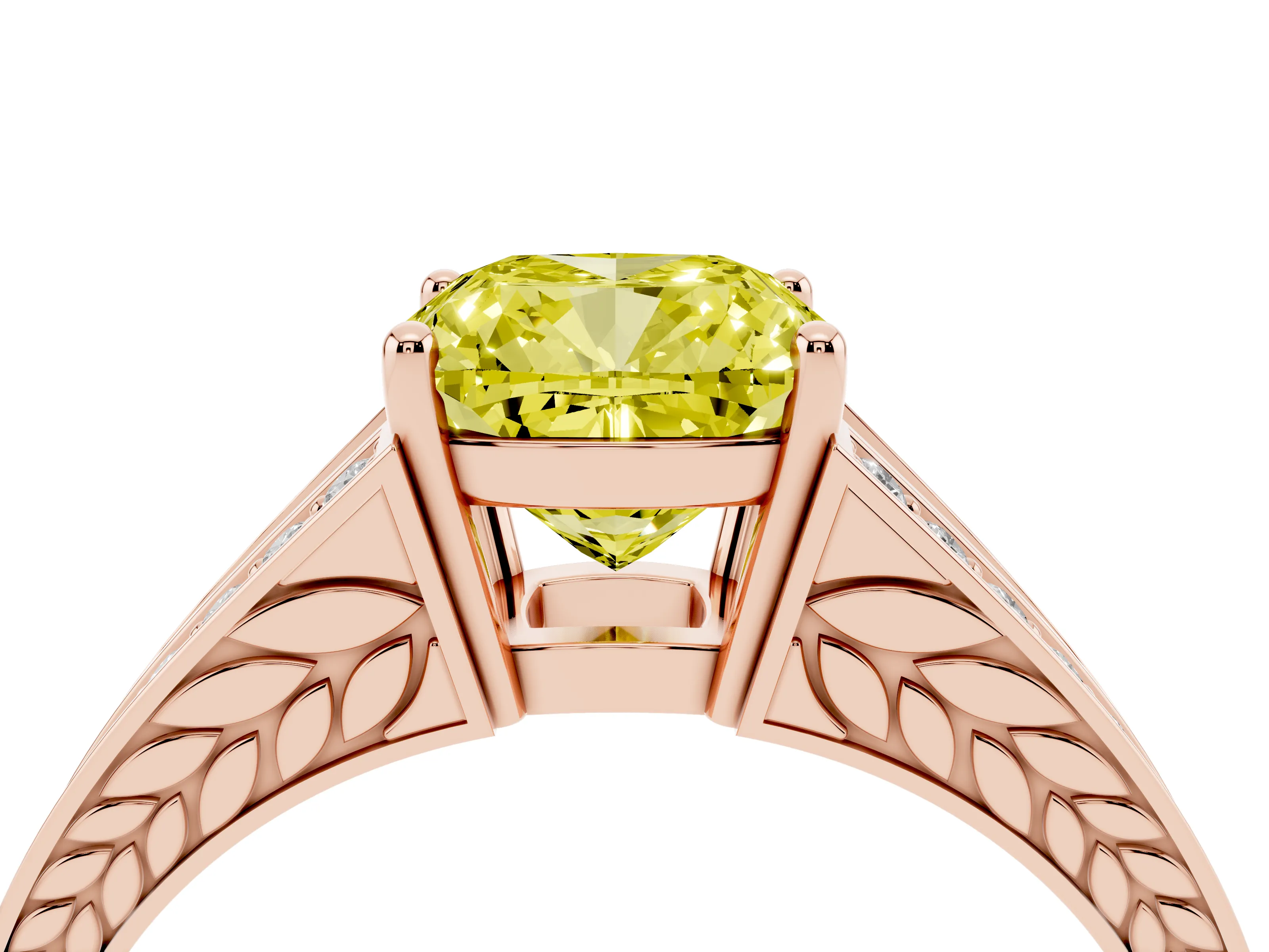 Fancy Yellow Cushion Cut Diamond Split Shank Ring Set in Rose gold with Pavé Band and Prong Setting