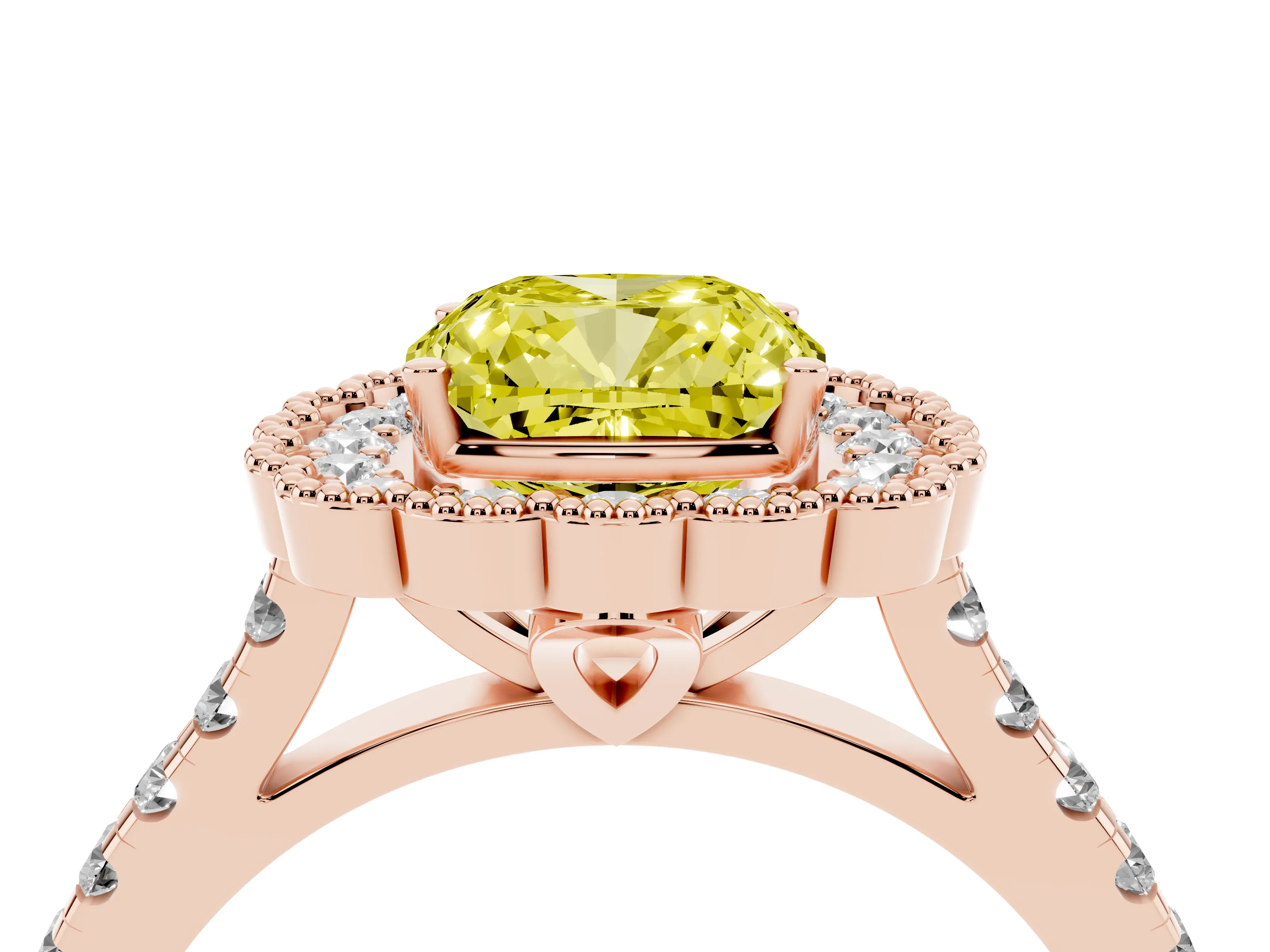 Fancy Yellow Cushion Cut Diamond Milgrain Floral Halo Engagement Ring Set in Rose gold with Pavé Band