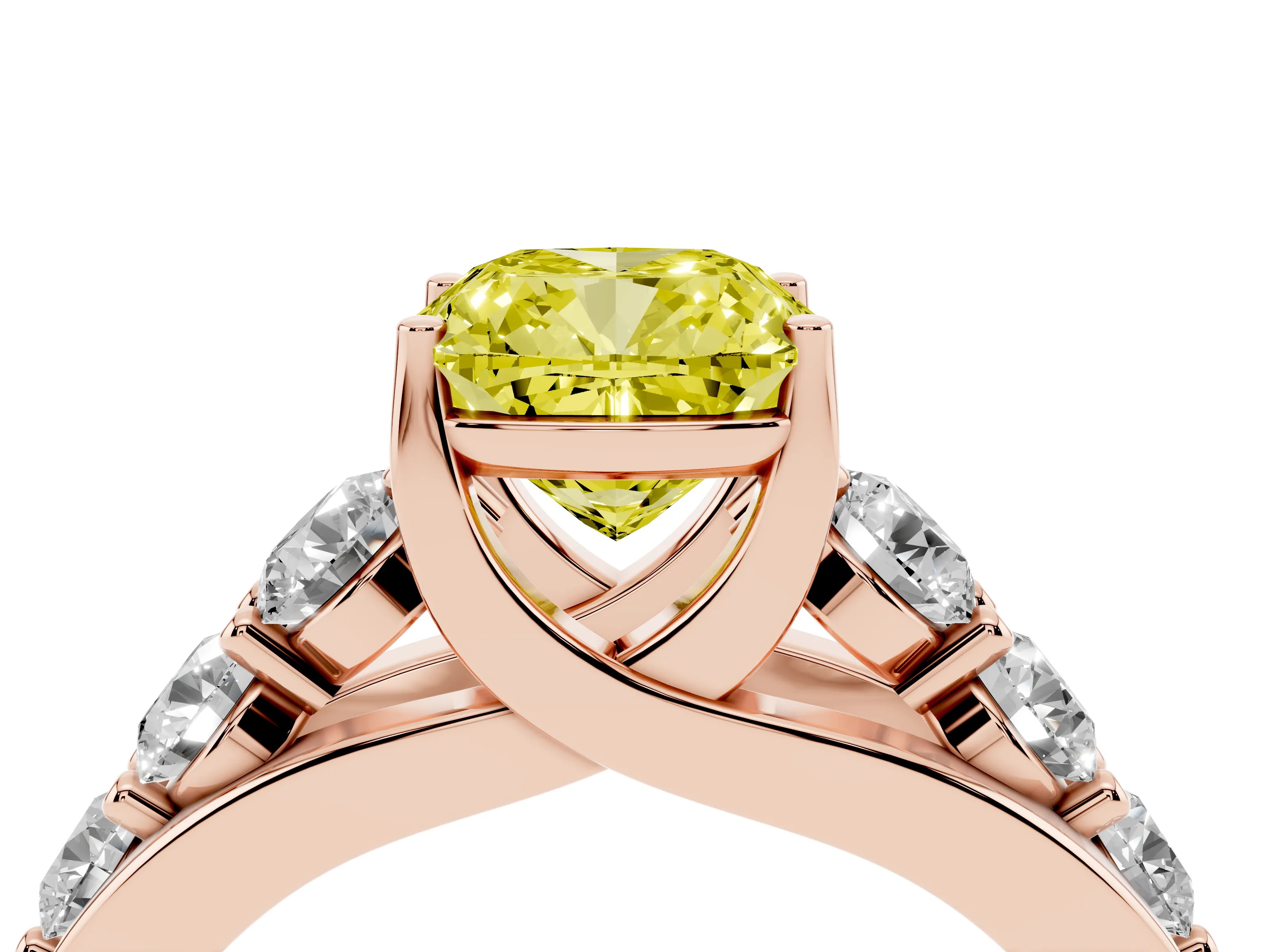 Fancy Yellow Cushion Cut Diamond Pavé Engagement Ring Set in Rose gold with Prong Setting