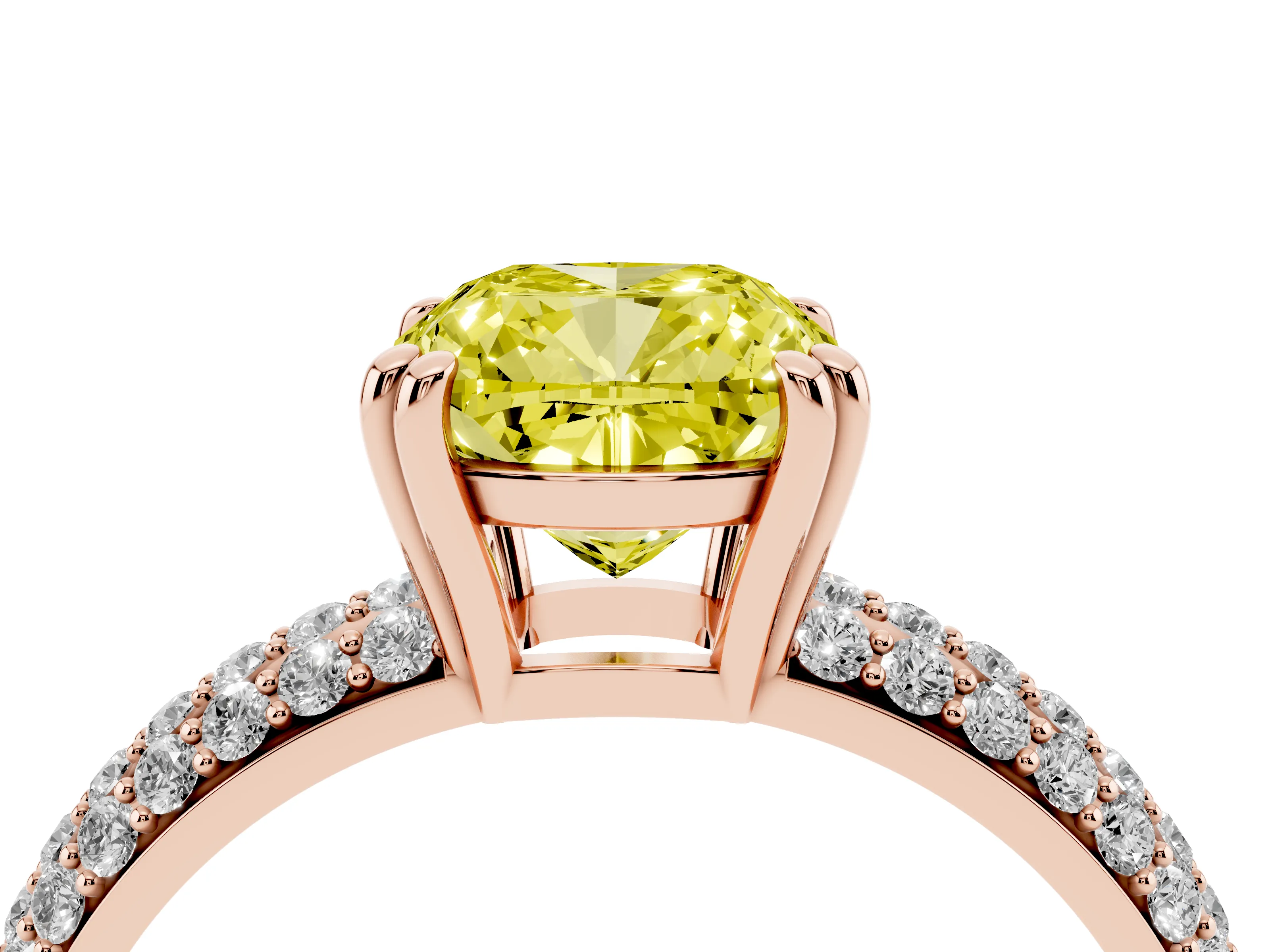 Fancy Yellow Cushion Cut Diamond Solitaire Ring Set in Rose gold with Multi-Row Round Pavé Band and Prong Setting